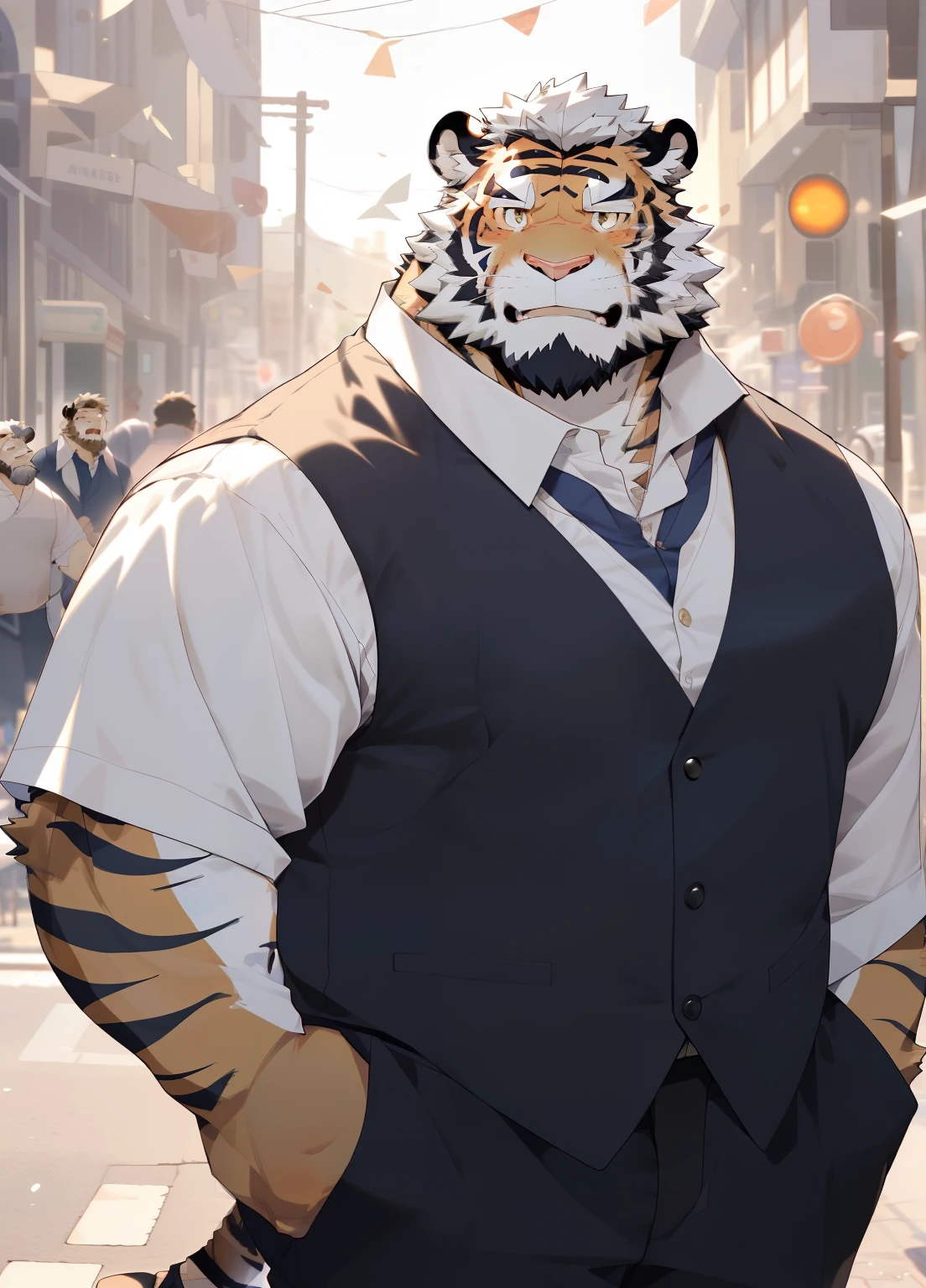 hairy,(tiger,Short brown sleeves,Middle-aged uncle ),beard,golden fur,white short hair,male,brown eyes,Common,Middle-aged uncle,Mature and steady,honest,Grinning,on the street,detailed background,极其lifelike阴影,masterpiece,Very detailed,lifelike