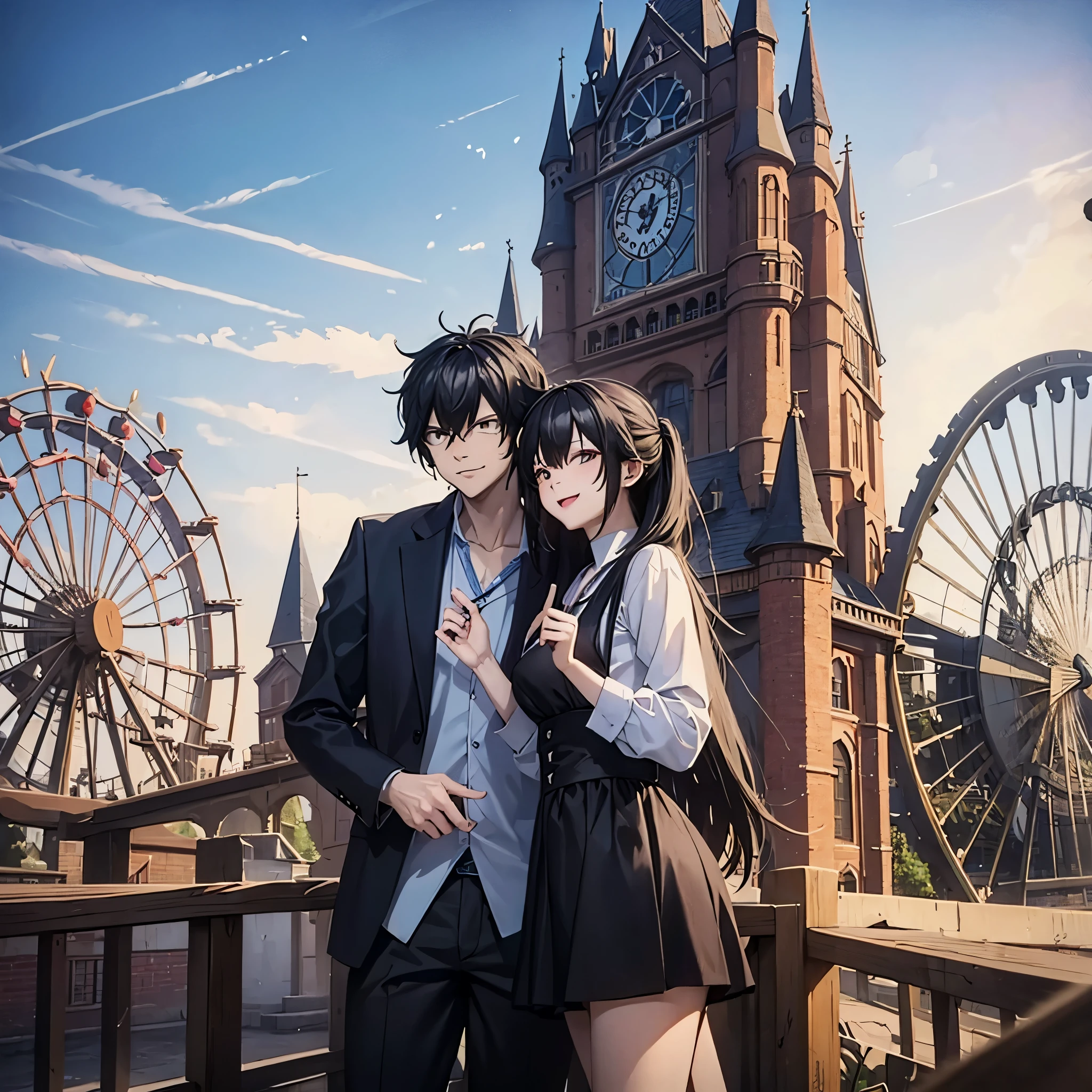 A man with his wife, in casual clothes in an amusement park with different toys, smiling,HDR, ultra resolution, well defined, masterpiece, 8K HD. (man and woman couple)

