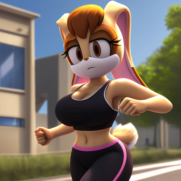Masterpiece, high quality, studio quality, intricate details, 4k, 1girl, Vanilla the Rabbit, bare midriff, eyes open, brown eyes, big breasts,sports bra, daytime, jogging, ((best quality)), ((masterpiece)), (detailed)