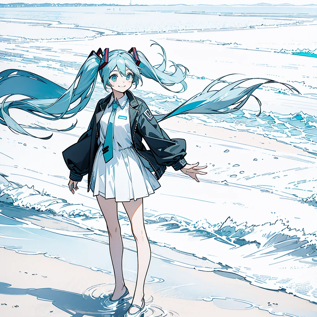 1girl, solo, hatsune miku, sunglasses, beach, long hair, jacket, tie, smiling