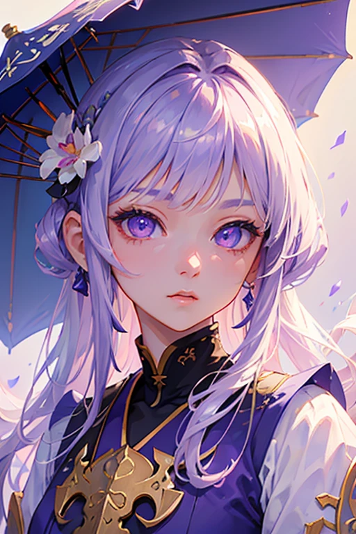 (high quality, masterpiece,Beautiful light purple eyes, extremely detailed background, 8k wallpaper, extremely detailed face)eyes full of hope, Bright Eyes, purple eyes, Mature and steady, complicated, White short sleeves, Onmyoji portrait,girl,Detailed anime character art, Pavilion background