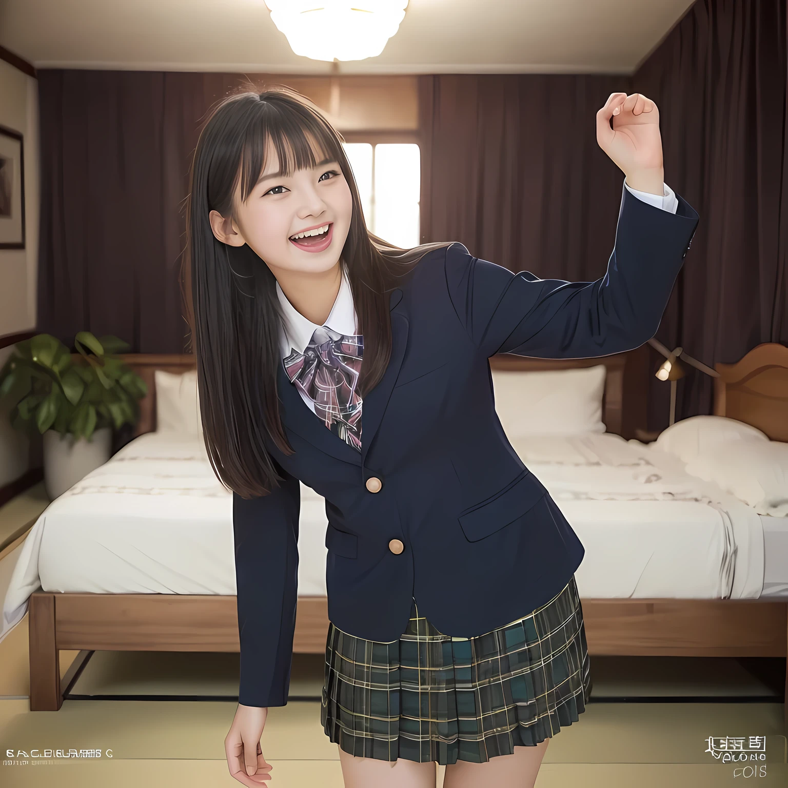 (highest quality、masterpiece:1.2)、highest quality、realistic、photograph、High resolution、1080p、8K、The face is especially pale., physical rendering、((Height: 155cm)), one Japanese girl、((Siren in the form of a -yeld Jaese junior hiool student)n the form of a beautiful girl fashion model from a Japanese magazine)))), , (((big very detailed beautiful dark brown eyes))), ((blue girly large wine-red glossy polyester Japanese school ribbon bow tie)), (((black very beautiful and very very long straight hair))), ((((deep blue colored tartan checkered formal long pleated pleated skirt)))), ((A unpatterned formal dark blue blazer in solid that is slightly oversized and has an emblem on the left chest.)), ((((((laughing at me!)))))), mouth is open, The large blazer and skirt are very cute., detailed fingers, Slender body, ((curled bangs)), so beautiful, ((Very big and very very very cute eyes of a Japanese girl)), ((large pupils)), double eyelids, The entire skirt is photographed, thin eyebrows, ((drooping eyes)), ((very long eyelashes)), ((cute lovely lovely laughing laughing cheeks)), ((Pure white light hits her face from above and in the front, making her skin and eyes shine beautifully.)), ((Strong light hits the nose and cheeks、It brings out the richness of the expression.)), (((((Her face is expressive, pure and very intelligent.))))), (((looking back at the viewer))), (((((At a very gorgeous underground demoniac evil temple's room with a very gorgeous and very evil bed))))), ((shot from her back))