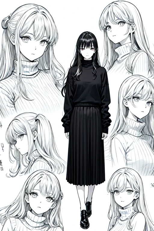 ((highest quality)), ((masterpiece)), (be familiar with), perfect face、girl、line drawing、anime style、Flaxen Turtleneck Sweater、Show the whole body、draft、monochrome、rough、long hair、black hair、cool、Calm、long skirt、Shoulder a rifle、droopy eyes、Raised eyebrows