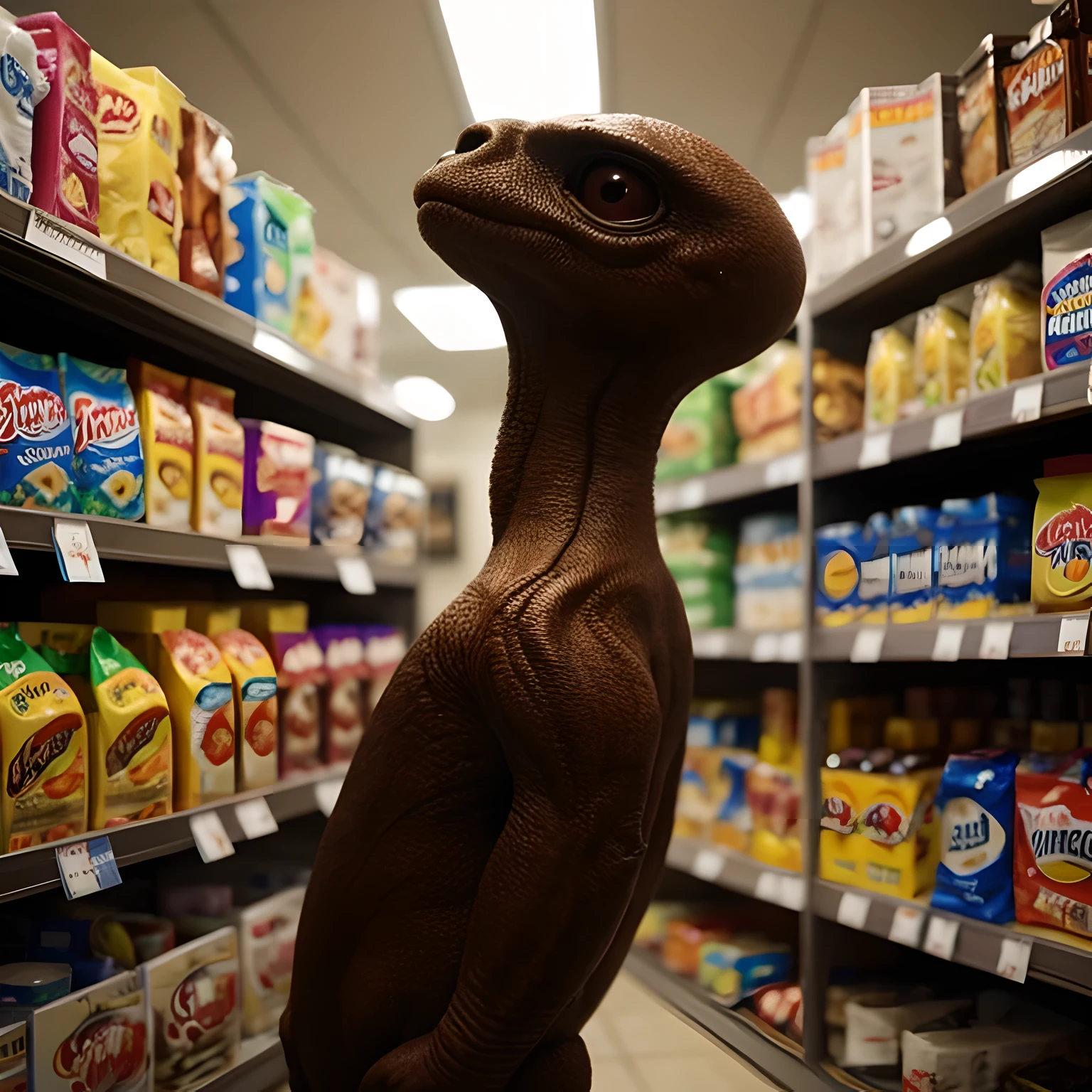 best quality, 8k, high resolution, ultra-detailed, extremely detailed, top quality, realistic, analog photo of an alien in midnight convenience store, in the dark store, long shot, solo, epic volumetric lighting, close-up shot, wes anderson movie, analog style, depth of field, film grain, 