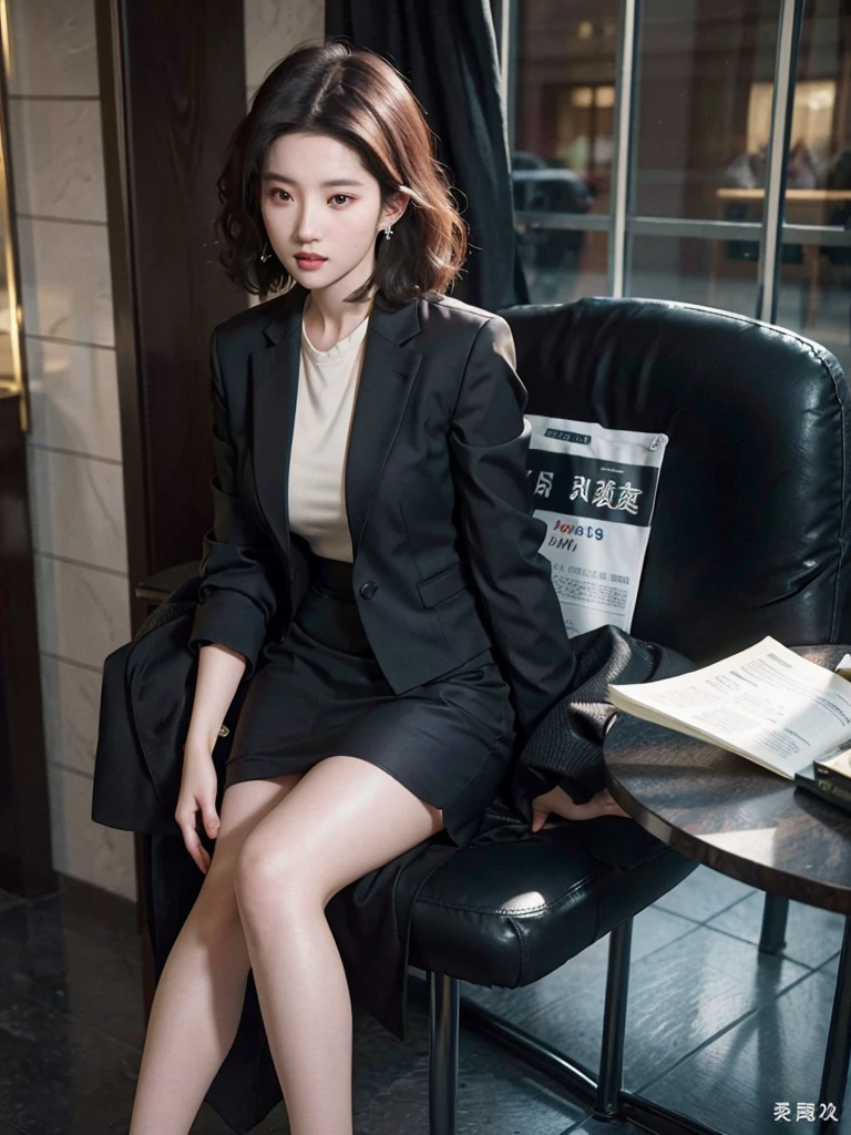Ridiculous, original photo, extremely delicate and beautiful, masterpiece, best quality, ultra high resolution, 16K, surreal, Super detailed, perfect anatomy, Super fine skin, Perfect body, Very detailed CG 8k wallpaper, in my 20s, very slim figure, (Willow Yao:1.2), The head is small, face is small, Exquisite facial features, Tear moles, There is a mole on the chest, earrings, thin legs, (very huge round breasts:1.3), (full-body shot:1.2), shorter medium hair, curls, (business ladies suit:1.3), (Jacket:1.1), skirt, bare legs, (shirt:1.2),