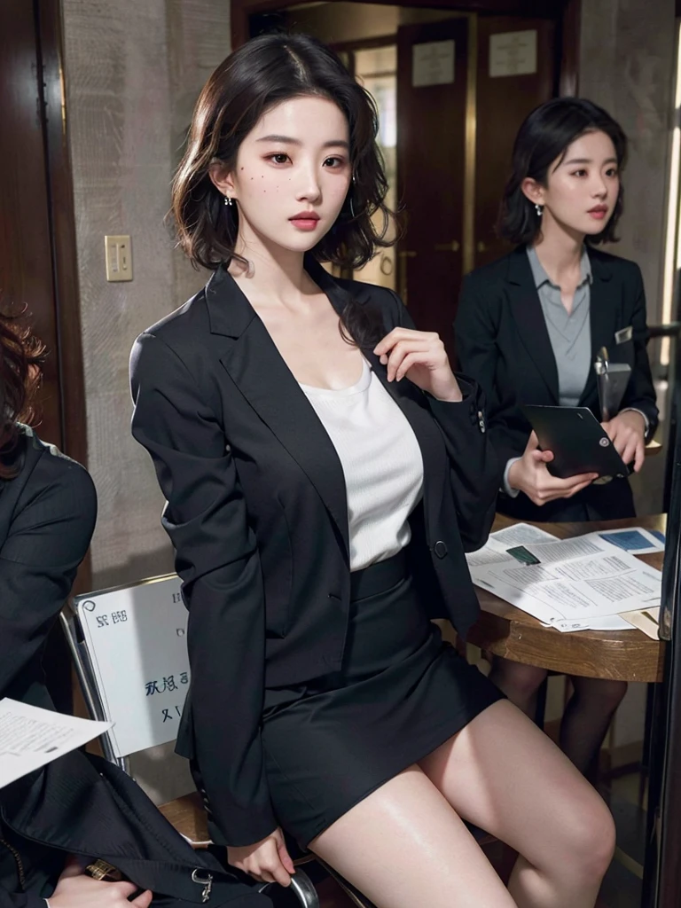 Ridiculous, original photo, extremely delicate and beautiful, masterpiece, best quality, ultra high resolution, 16K, surreal, Super detailed, perfect anatomy, Super fine skin, Perfect body, Very detailed CG 8k wallpaper, in my 20s, very slim figure, (Willow Yao:1.2), The head is small, face is small, Exquisite facial features, Tear moles, There is a mole on the chest, earrings, thin legs, (very huge round breasts:1.3), (full-body shot:1.2), shorter medium hair, curls, (business ladies suit:1.3), (Jacket:1.1), skirt, bare legs, (shirt:1.2),
