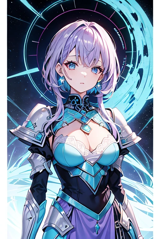 A woman with lilac hair and an elaborate cyan dress armor, permanent, Star, intricate details, perfect face