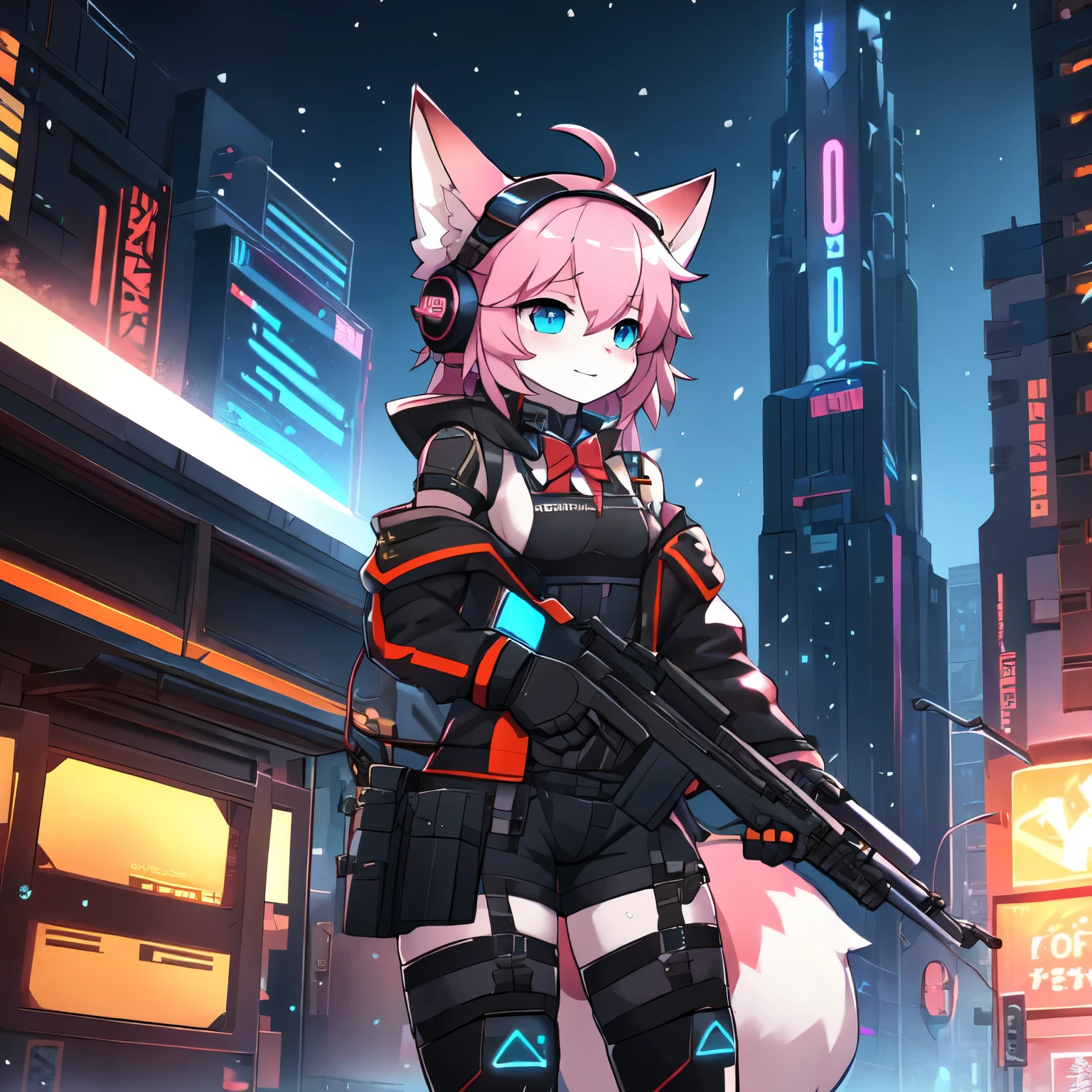 Kawaii, NSFW, Pink striped Fluffy Fox, , emaciated, Pink hair, left eye is red, right eye is blue, heterochromia, Solo, on the night city with snow and cold weather, synthetic tissue skin, cybernetic prosthetics, Mechanical pneumatic prosthetic legs, digital headphones with orange glowing neon, cybernetical prosthetic arms, red slik collared bow tie, black latex tight leotard, thigh-high-socks, shorts, Grey long-Sleeve loose off-the-shoulder digital display Military hood jacket, tactical gun holsters in thigh, Mechanical boots, metallic knee pads, tactical belted loose Arm Sleeves, watch, cybernetic Display gloves, chest rigs, tactical belts, blue archive halos, Submachine Gun with slings holded on left hand, bulletproof goggles, Arknights,