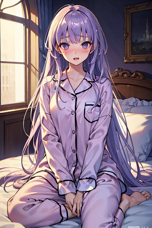 best quality, masterpiece, ultra high resolution, 8K, raw, (Photorealistic:1.4), Physically based rendering, depth of field, looking at the audience, thin and long, (sitting:1.1), in bedroom, Detailed beautiful face, 1 girl, Lovely, young, nose blushing, Large light purple eyes, open mouth, light purple hair, Detailed clothes, (pajamas:1.3), no shoes ,Pure love face_v1,