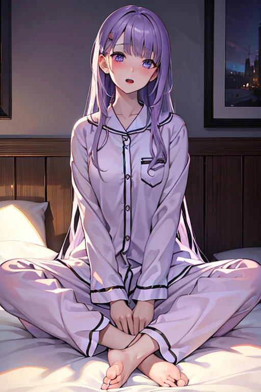 best quality, masterpiece, ultra high resolution, 8K, raw, (Photorealistic:1.4), Physically based rendering, depth of field, looking at the audience, thin and long, (sitting:1.1), in bedroom, Detailed beautiful face, 1 girl, Lovely, young, nose blushing, Large light purple eyes, open mouth, light purple hair, Detailed clothes, (pajamas:1.3), no shoes ,Pure love face_v1,