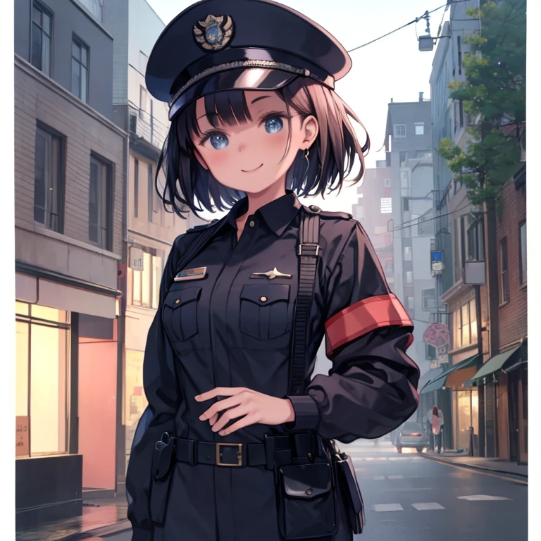 masterpiece, highest quality、Medium wide shot、1. A woman with beautiful eyes、smiling、police officer、police officer、