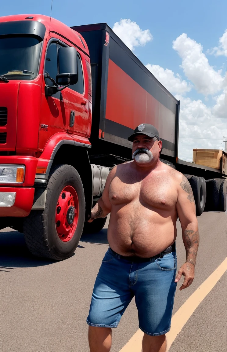 60-year-old truck drivers kissing, boca na boca, olhos fechados apaixonados, corpos gordos, full-bodied truck driver on the left, wearing a messy mustache and wavy hair, White stubble and truck driver, jeans, No meio, vestindo uma camisa xadrez vermelha aberta, corpo grande, forte, barriga robusta vestindo shorts verdes, cabelo cortado nas laterais e cravado por cima, Truck driver on the right has a fat body and a very hairy chest of very large body; Black pants with hairy stomach open at bottom, a huge red and black road truck ((( em um beijo apaixonado))), (((peitoral muito peludo))), tatuados, (((barriga grande))), (rosto detalhado:1.3), (hyper-realistic:1.3), (((fabrica abandonada e suja))), 8k