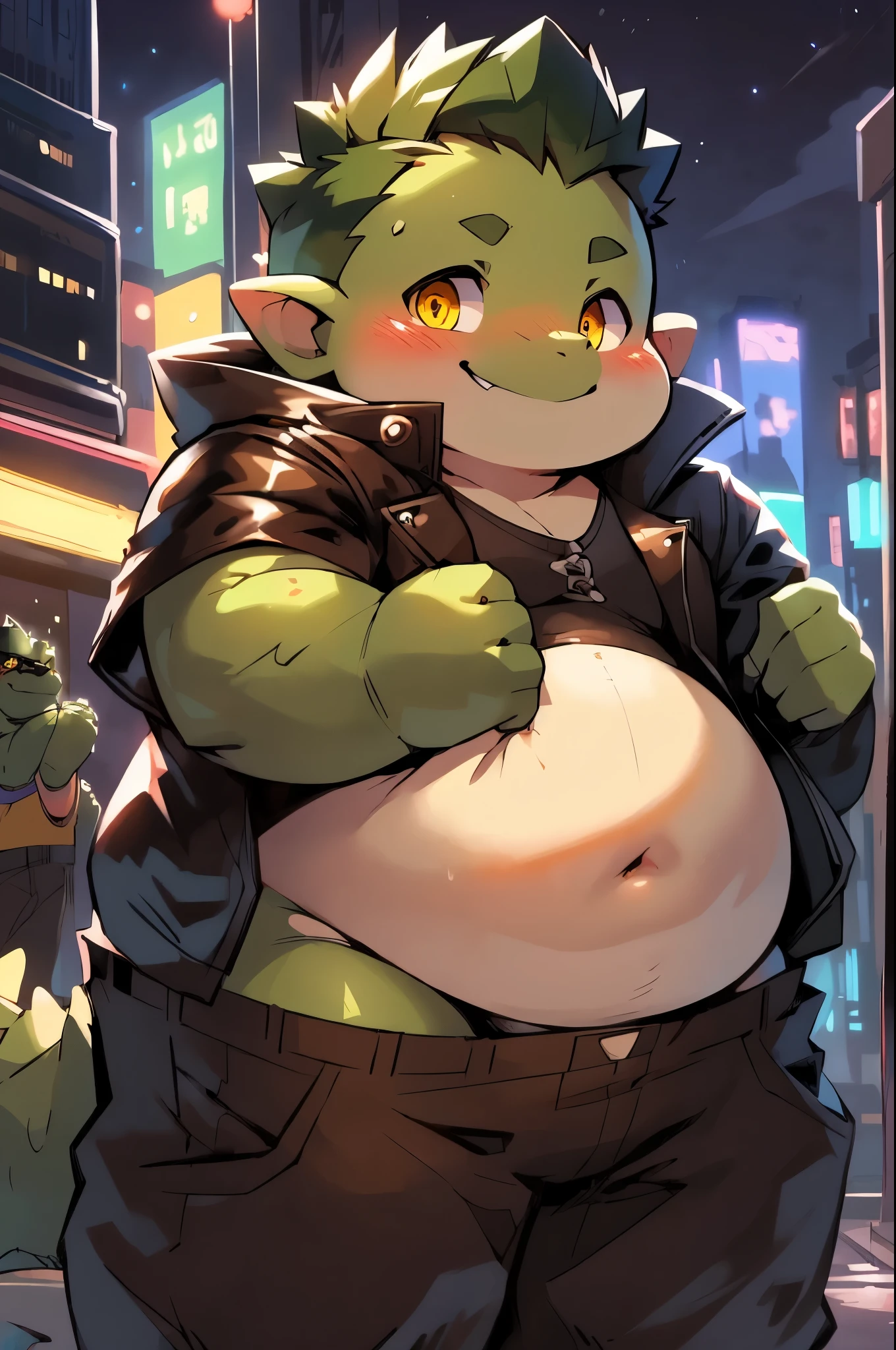 perfect anatomy,Crocodile Boy,male,Green Skin,golden eyes,White Chin,black sunglasses,White belly,individual,obesity,Fat Face,short legs,belly,Short limbs,Wear your pants,leather jacket,cute,Smile,blush,night,City,neon lights