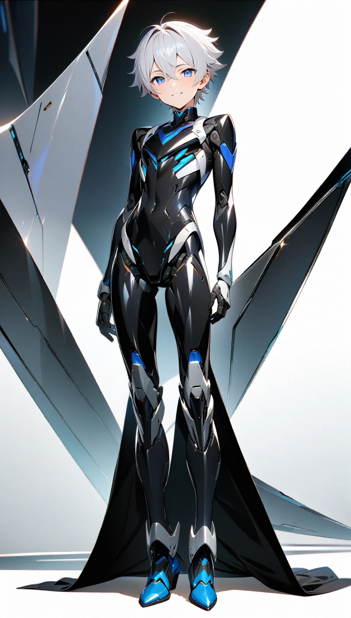 (((masterpiece:1.5))), full body image, anime robot boy, 1boy, ((shota)), shiny, ((white)), smooth, (((sleek))) robot body with accents, heeled feet, silver hair, gentle face, blue eyes, calm, smiling expression, plain white background