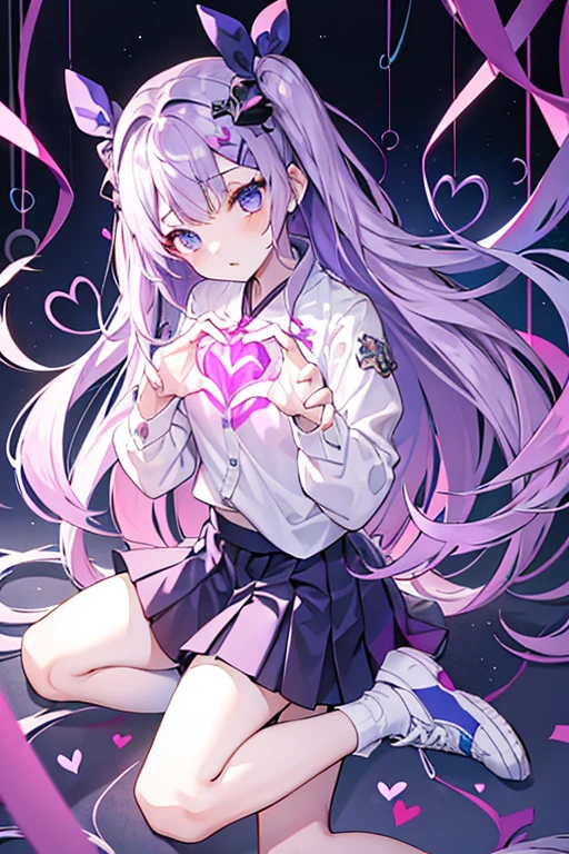 1 girl,, , cube hair accessories, skirt, decorate, gloom (Express), hair accessories, Heart, Heart hands, light purple long hair, look away, 玛丽珍shoe, one side up=, shoe, short skirt, alone, =