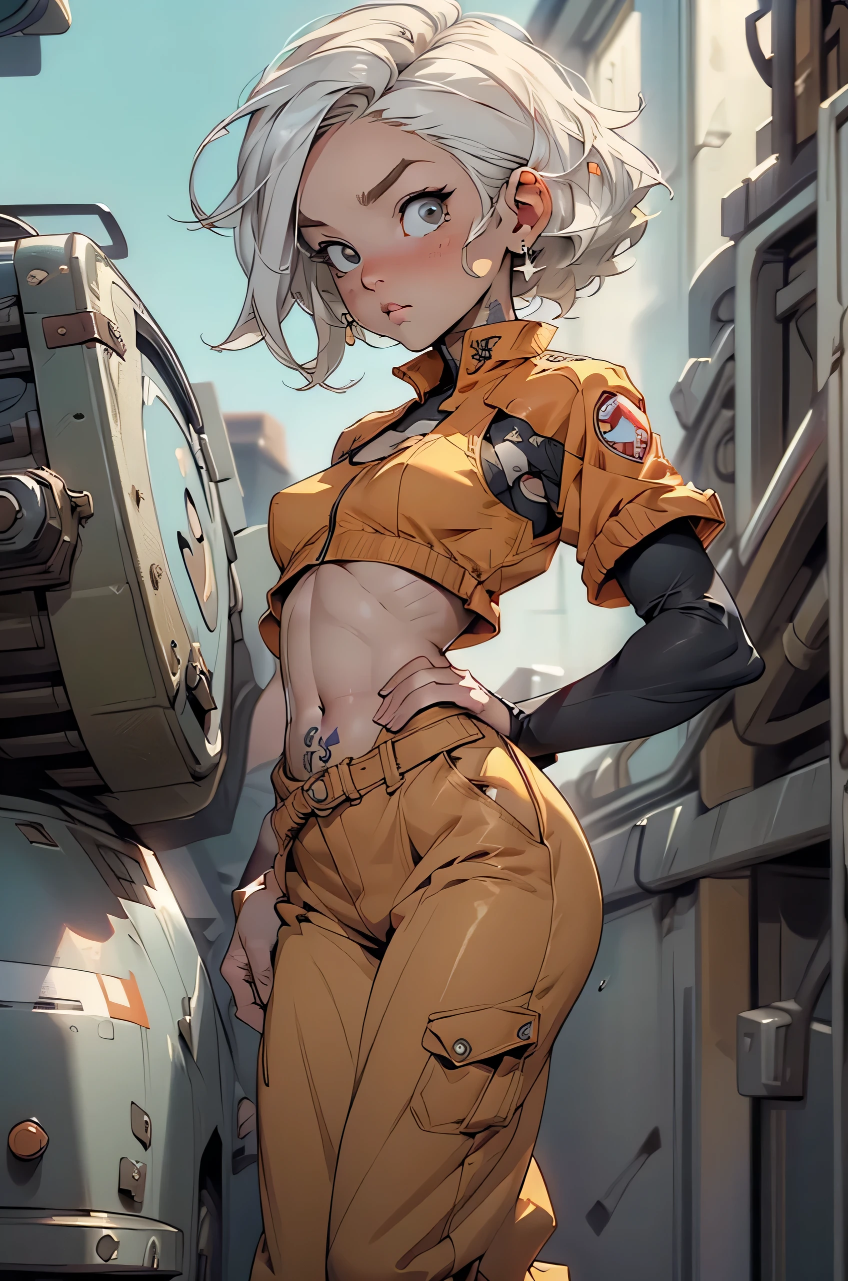 11:23(((Best quality at best: 1.4))),(Unparalleled tmasterpiece), (hyper HD),(Hyper-realistic 8k CG)、(White hair),(Short hair details),(Look up),(Put your hands on your waist), ((( body))), (((1 girl in))), 25-year-old American soldier with perfect body,,Beautiful and well-groomed face,muscular body:1.2,solid orange jacket with details, (Pictures from head to thighs), Complex equipment, long trousers,The clothes inside are dark, ),Gorgeous and fearless female warrior, fit and muscular body, military shirt, bshoulders, dark gold hair, tattooed arms, Full detail on the face, high detal, actual, Photoquality, high high quality, (photoactual:1.4), The content is very detailed, tmasterpiece, high high quality shadow,.(nsfw:0.55), ((flat chested, flat stomach, baby face)), (intense colors)