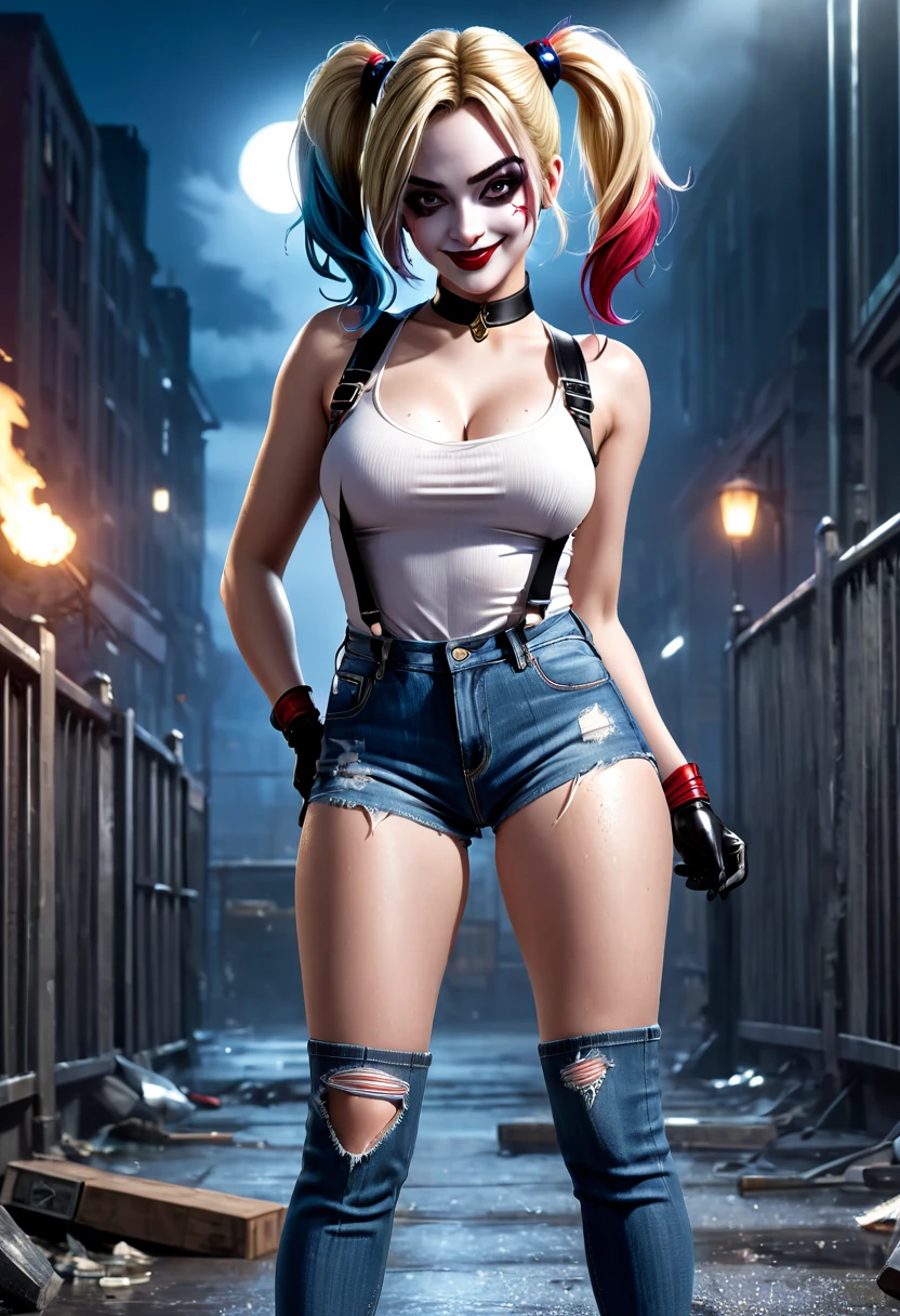 Harley Quinn, sexy Pose, Perfect body, 8k, perfekt, POV, Meisterwerk, Betrachter anschauen, sexy Ausstrahlung, good quality, eregter blick, perfekte Augen, perfektes Gesicht, will sex haben, will ficken, sehr eregt, Arkham knight, orgasmus, ernster Blick, feuchte Haut, schwitzen, wet body, transparente Kleidung,  zerrissene Kleidung, destroyed clothes, milf, Nacht, notgeil, Overknee-Stiefel, lange Beine, Zunge ausstrecken, offener Mund, Jeans-Shorts, Jeans-Hotpants,  Hand hinter dem Kopf, brustwarzen unter Hemd sichtbar, brustwarzen durch Hemd sichtbar, tank top, sleeveless shirt, Suspenders, hole body, hole body sichtbar, 