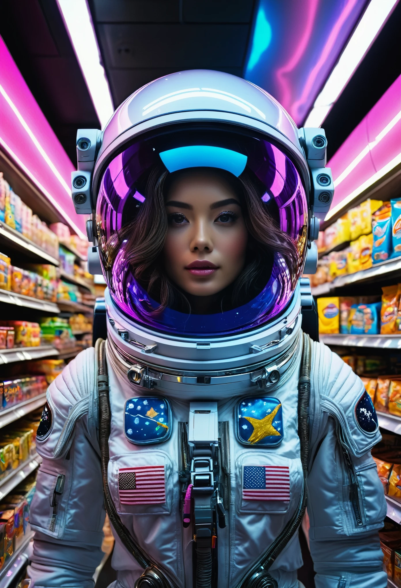 (best quality,4k,8k,highres,masterpiece:1.2),ultra-detailed,(realistic,photorealistic,photo-realistic:1.37),lonely,wide-angle shot,late-night atmosphere,astronaut,grocery shop,convenience store,beautiful woman,brightly lit store,cold beverage refrigerators,shelves stacked with snacks,checkout counter,neon signs,promotional banners,futuristic space suit,visibly detailed helmet,reflected lights on the helmet's visor,eerie silence,mysterious expression,curiosity and wonder in her eyes,long flowing hair floating in zero gravity,reflection of colorful candies in her visor,moonlight filtering through the store windows,shadowy figures in the background,deep blackness of space outside the store window,cosmic backdrop,glowing stars,accurate representation of astronaut suit materials,glassy and reflective surfaces,multi-layered space suit,sharp contrast between the astronaut's figure and the store environment,rich and vibrant colors,striking color contrast between the astronaut's suit and the store surroundings,neon blue and pink lights,soft warm lighting from the store's ceiling lights,subtle lens flare,surreal and dreamlike ambiance,perfectly framed composition.