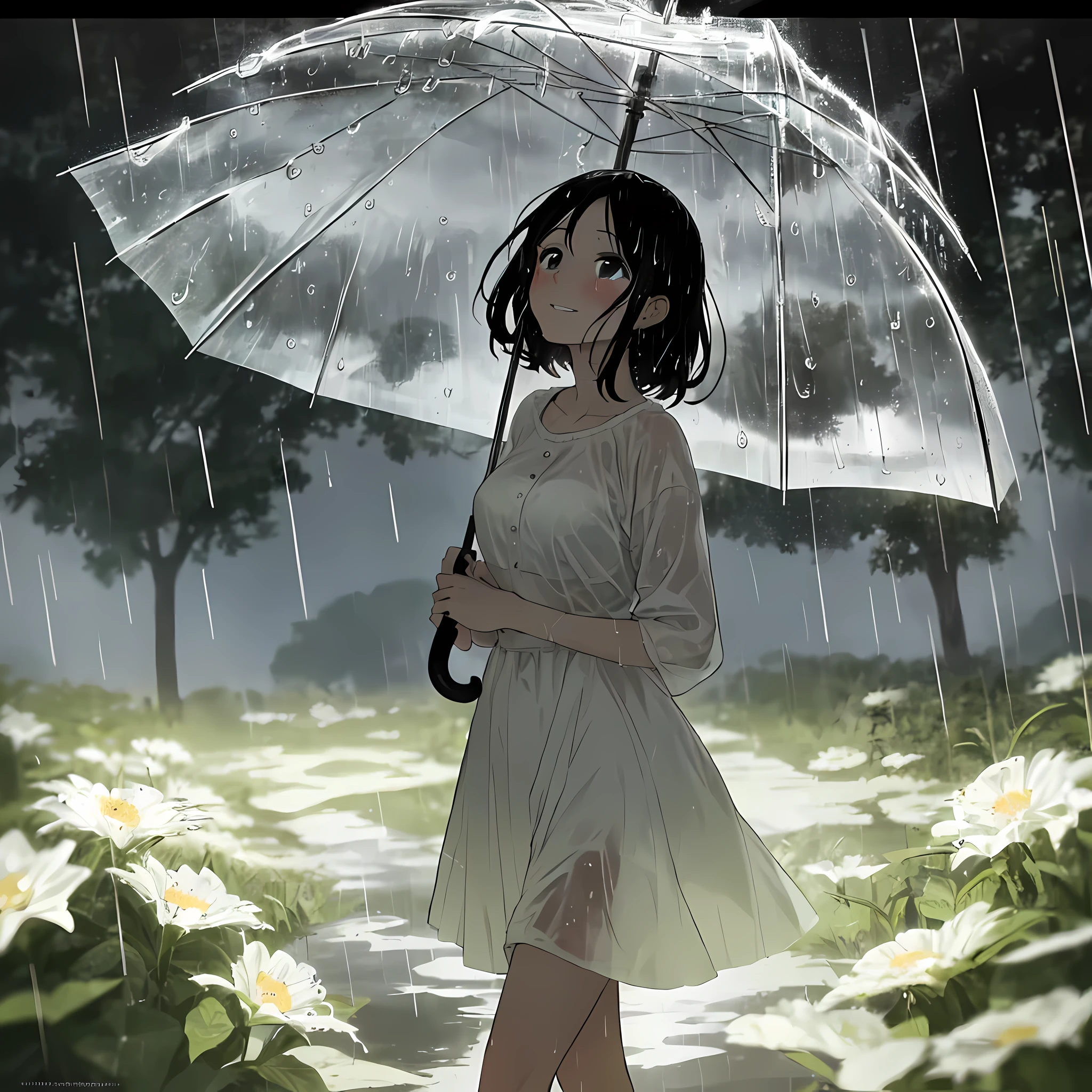 In a summer afternoon, a sudden thunderstorm arrives, refreshing the earth with the gentle touch of raindrops. Your significant other walks with you in the rain, and you hold an umbrella, while she doesn't have one. As the perspective shifts to you gazing at her, you notice a subtle smile on her lips, expressing a sense of joy. Raindrops delicately fall on her hair and trace down her cheeks, creating a scene reminiscent of a romantic summer movie.