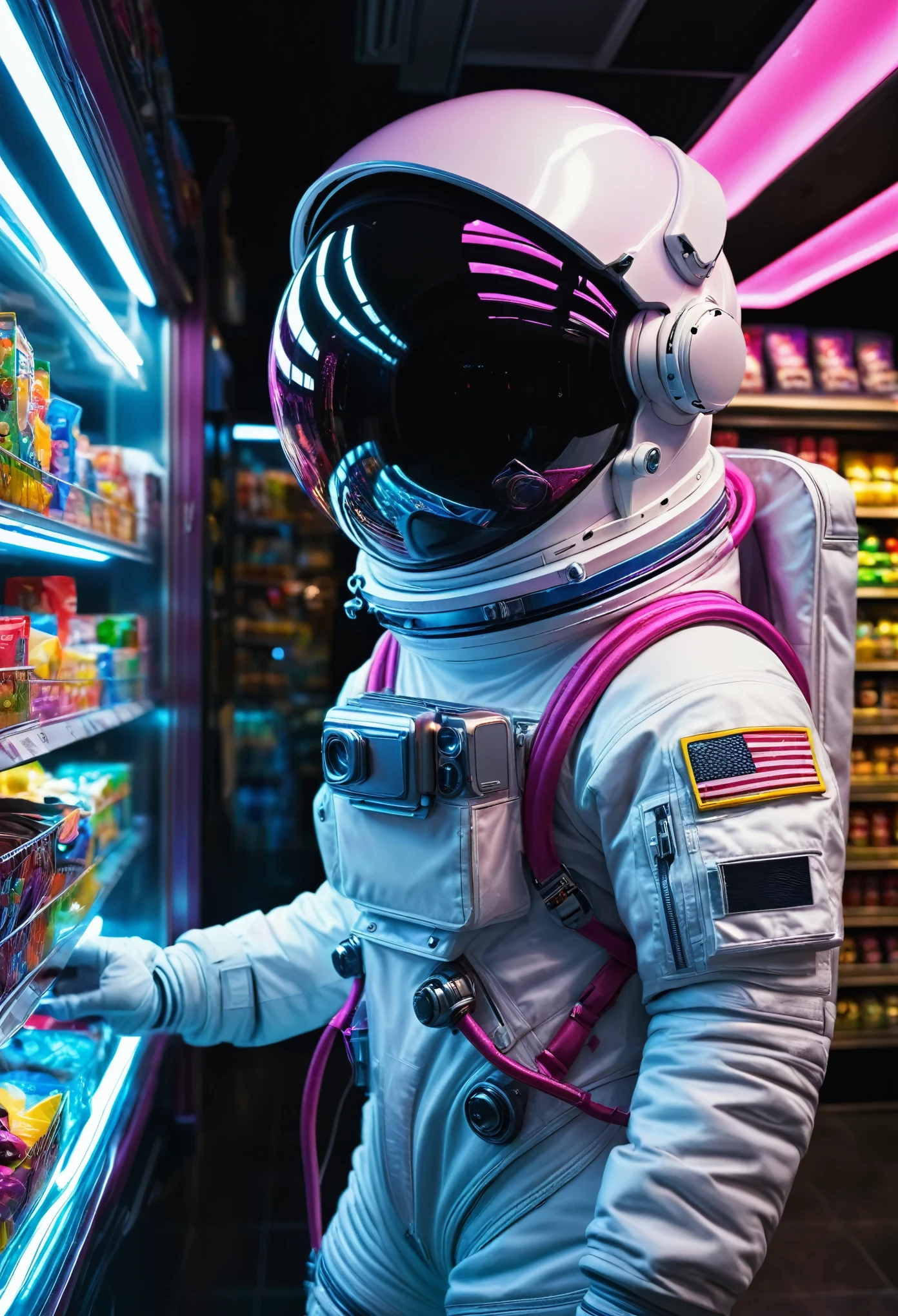 (best quality,4k,8k,highres,masterpiece:1.2),ultra-detailed,(realistic,photorealistic,photo-realistic:1.37),lonely,wide-angle shot,late-night atmosphere,astronaut,grocery shop,convenience store,beautiful woman,brightly lit store,cold beverage refrigerators,shelves stacked with snacks,checkout counter,neon signs,promotional banners,futuristic space suit,visibly detailed helmet,reflected lights on the helmet's visor,eerie silence,mysterious expression,curiosity and wonder in her eyes,long flowing hair floating in zero gravity,reflection of colorful candies in her visor,moonlight filtering through the store windows,shadowy figures in the background,deep blackness of space outside the store window,cosmic backdrop,glowing stars,accurate representation of astronaut suit materials,glassy and reflective surfaces,multi-layered space suit,sharp contrast between the astronaut's figure and the store environment,rich and vibrant colors,striking color contrast between the astronaut's suit and the store surroundings,neon blue and pink lights,soft warm lighting from the store's ceiling lights,subtle lens flare,surreal and dreamlike ambiance,perfectly framed composition.