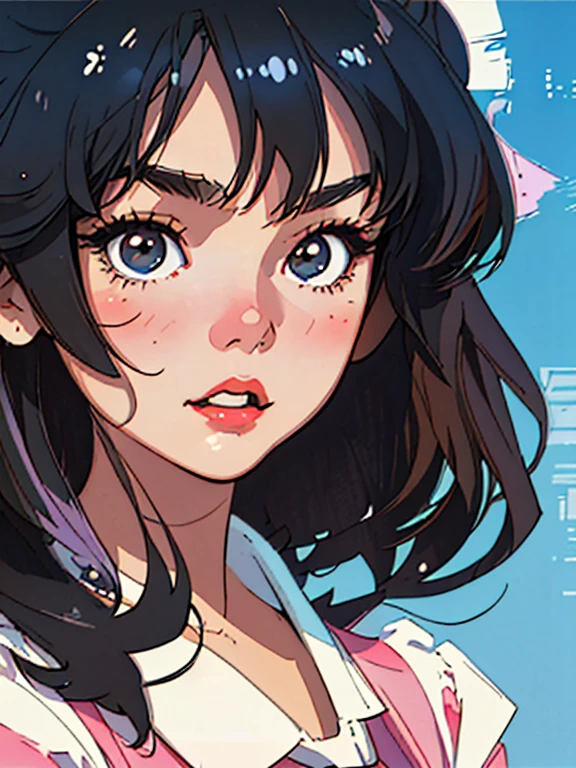 (best quality:0.8)、(best quality:0.8)、Analog Illustration、Extreme close-up portrait of pretty woman walking in the city、Koto Tsumi \(styled\), masterpiece, best quality, 1girl in、In 1990、comic strip、illutst、art illustration、illutst、natsu、Retro、Summer Girl