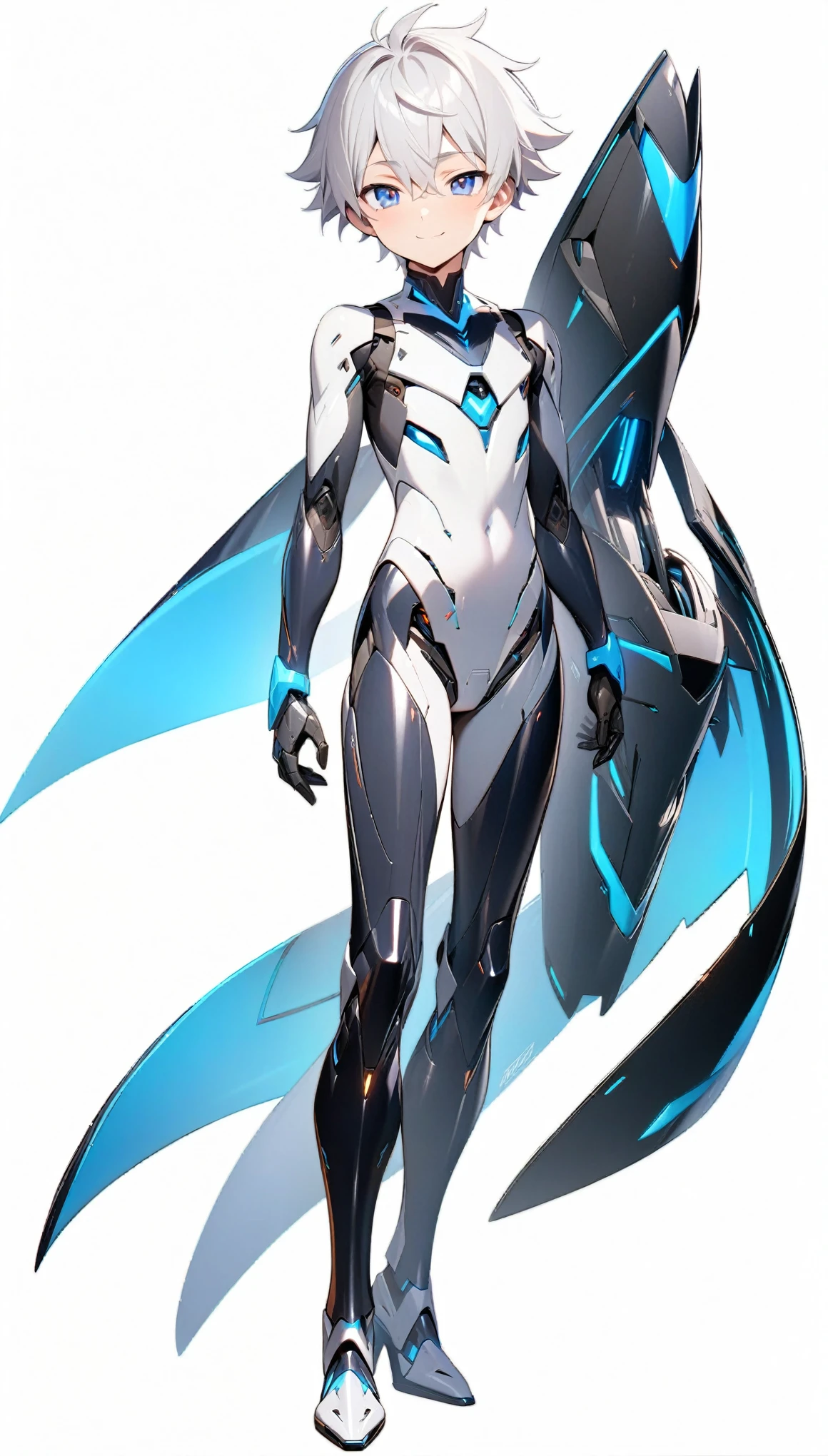 (((masterpiece:1.5))), full body image, anime robot boy, 1boy, ((shota)), shiny, ((white)), smooth, (((sleek))) robot body with accents, heeled feet, silver hair, gentle face, blue eyes, calm, smiling expression, plain white background