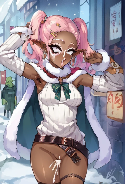 score_9, score_8_superior, score_7_superior, score_6_superior, Improve, sauce_anime, superiorper body, looking at the viewer, break, earrings, break, Light pink lips, pink makesuperior, ribbed sweater, fur trim, bare shoulders, white choker, hair clip, freezing, 1 girl, long hair, pointed ears, twin tails, jewelry, goblin, earrings, capelet, white capelet, dress, belt, flower, nsfw, small wear, huge tits, pussy, cum in wear, dark cums, public, armpit, dark cum, ahegao