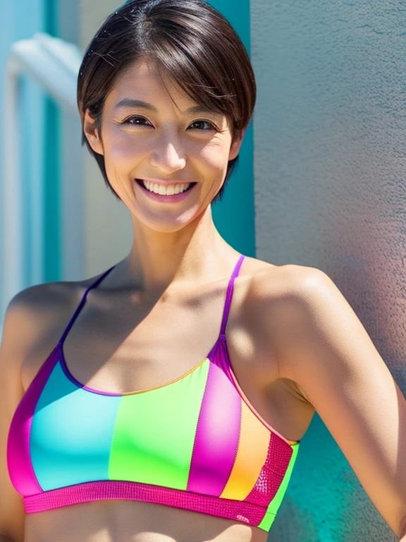 Racing swimsuit with a very thin fit and bright neon colors　smile　beautiful mature woman　show your armpits　detailed skin texture　very short hair　detailed beautiful face　obesity　one piece swimsuit