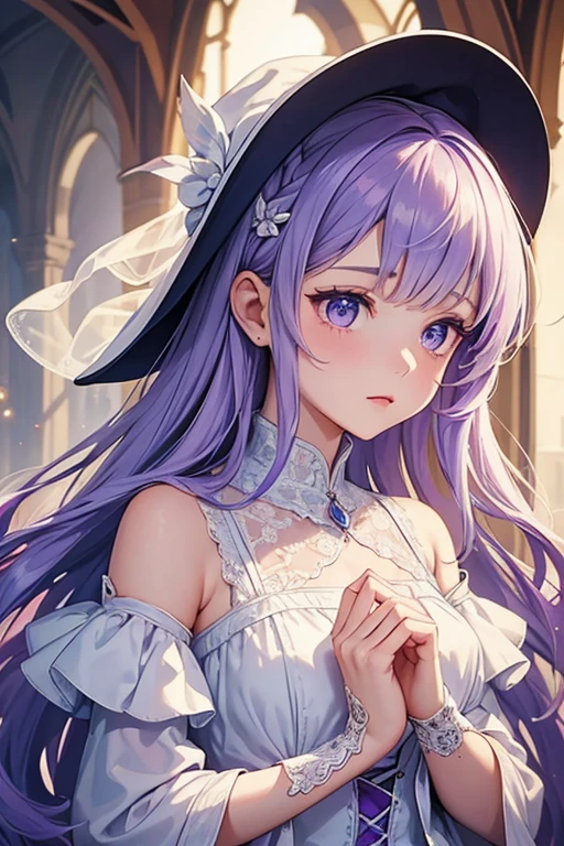 A girl in a white lace dress with a young, ethereal and beautiful figure, Portrait of a magical girl, Portrait of a young witch girl, Musician girl in lace dress,Portrait of a young witch, a girl with magical powers,top quality, detail, detail, masterpiece, High image quality  ，Has light purple hair and eyes