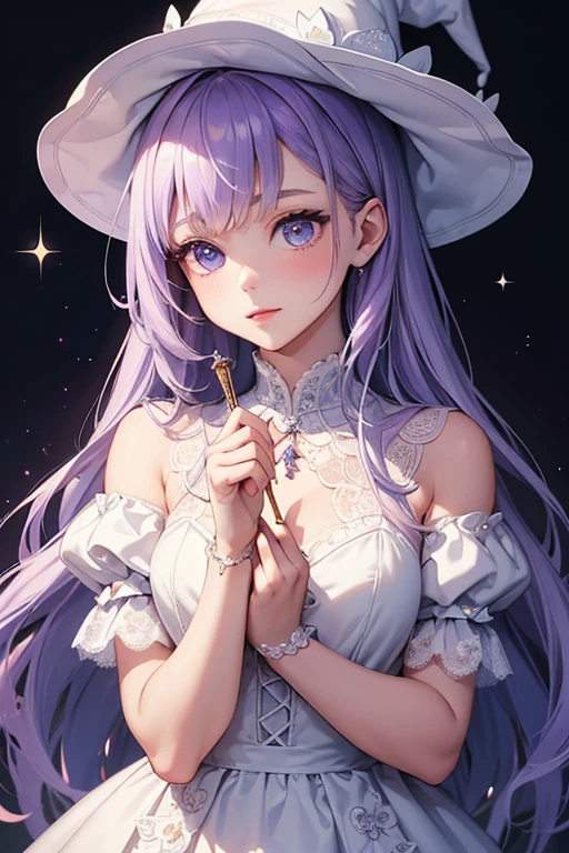 A girl in a white lace dress with a young, ethereal and beautiful figure, Portrait of a magical girl, Portrait of a young witch girl, Musician girl in lace dress,Portrait of a young witch, a girl with magical powers,top quality, detail, detail, masterpiece, High image quality  ，Has light purple hair and eyes