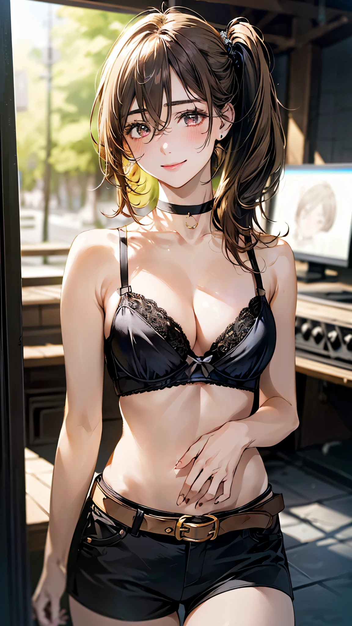 (masterpiece:1.3, top-quality, ultra high res, ultra detailed), (realistic, photorealistic:1.4), beautiful illustration, perfect lighting, natural lighting, colorful, depth of fields, surrealism,
beautiful detailed hair, beautiful detailed face, beautiful detailed eyes, beautiful clavicle, beautiful body, beautiful ?????, beautiful thigh, beautiful legs, beautiful fingers, 
looking at viewer, 1 girl, japanese, high school girl, (perfect ???????, anatomically correct), cute and symmetrical face, babyface, perfect face, perfect eyes, shiny skin, 
(middle hair:1.8, side ponytail:1.1, (marron hair)), hair between eyes, (gold eyes), slant eyes, long eye lasher, (?????????????:0.8, seductive thighs), 
((black {tube top | bra camisole}, midriff:1.1, black enamel short pants, black choker, 2 brown belt), yellow hair chouchou), 
(beautiful scenery), summer, evening, (recording studio), extremely ????, (lovely smile, upper eyes),