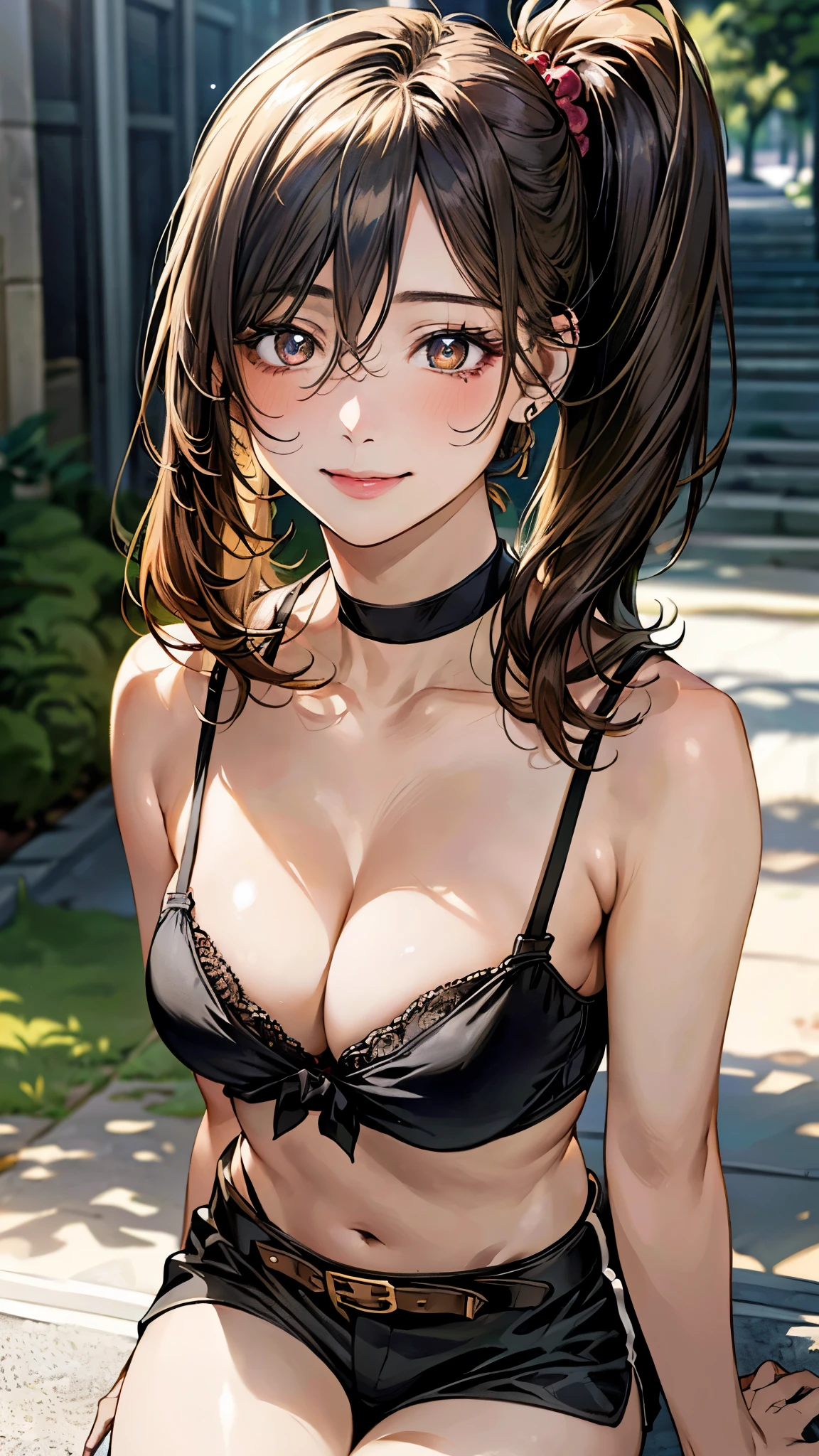 (masterpiece:1.3, top-quality, ultra high res, ultra detailed), (realistic, photorealistic:1.4), beautiful illustration, perfect lighting, natural lighting, colorful, depth of fields, surrealism,
beautiful detailed hair, beautiful detailed face, beautiful detailed eyes, beautiful clavicle, beautiful body, beautiful chest, beautiful thigh, beautiful legs, beautiful fingers,
looking at viewer, 1 girl, japanese, high school girl, (perfect anatomy, anatomically correct), cute and symmetrical face, face, perfect face, perfect eyes, shiny skin,
(middle hair:1.8, side ponytail:1.1, (marron hair)), hair between eyes, (gold eyes), slant eyes, long eye lasher, (large breasts:0.8, seductive thighs),
((black {tube top | bra camisole}, midriff:1.1, black enamel short pants, black choker, 2 brown belt), yellow hair chouchou),
(beautiful scenery), summer, evening, (recording studio), extremely sexy, (lovely smile, upper eyes),