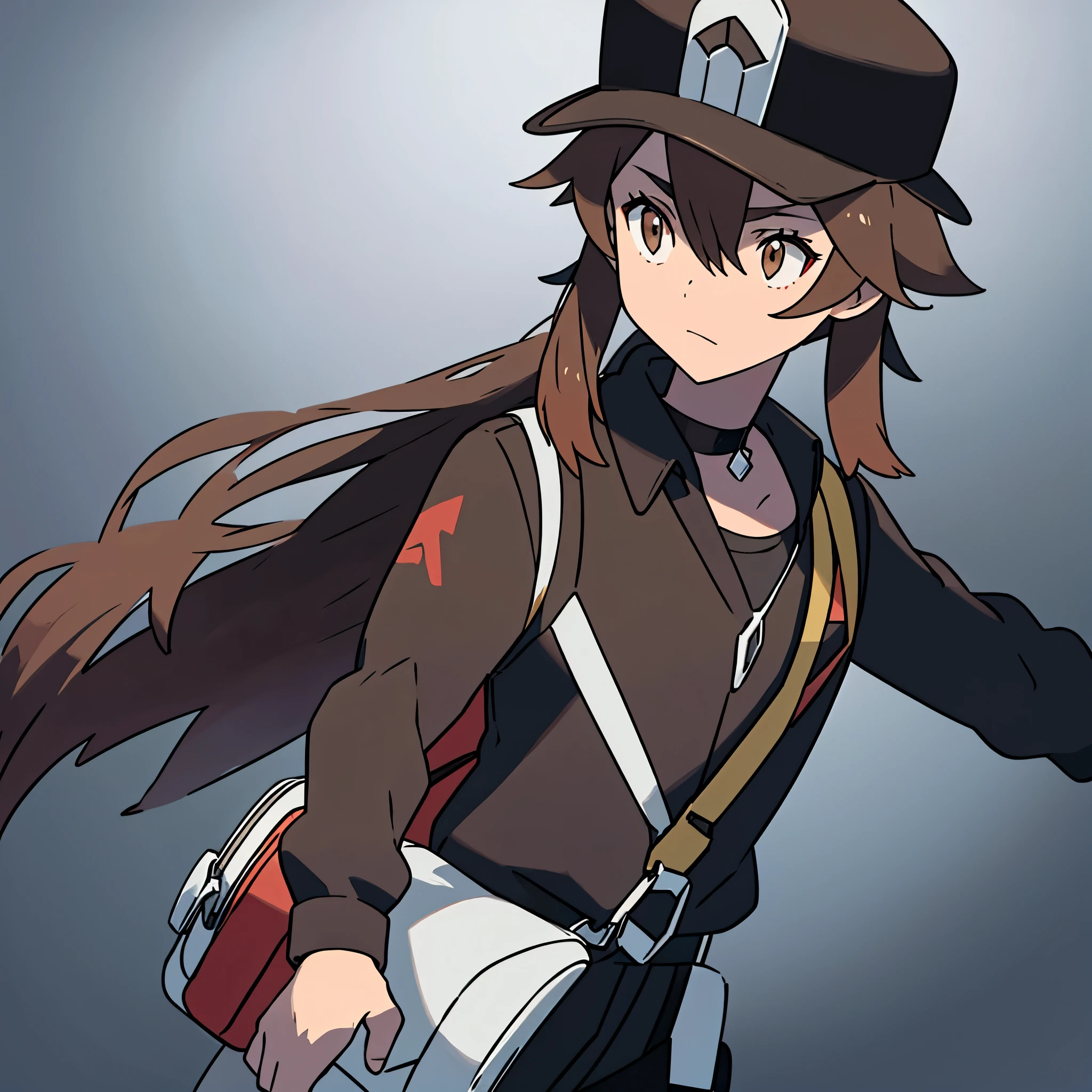 Solo, Pokemon trainer, Male, long hair, brown hair, brown eyes, black hat, black outfit, Silver Choker on Neck, (Crystal in the middle of a Silver choker), pale skin, feminine, ponytail, no glasses, full body, messenger bag, side bag, pants, Crystal in Choker