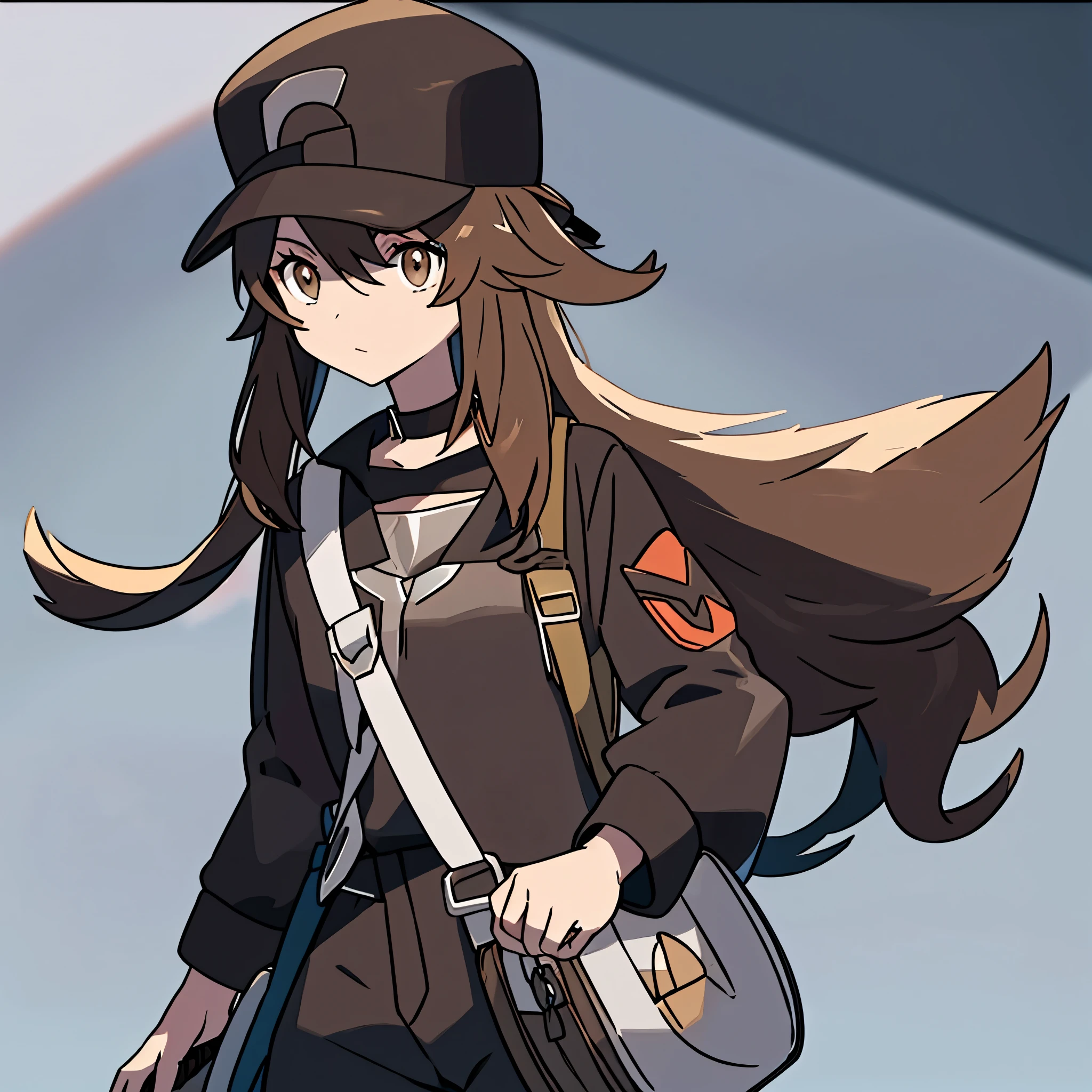 Solo, Pokemon trainer, Male, long hair, brown hair, brown eyes, black hat, black outfit, Silver Choker on Neck, (Crystal in the middle of a Silver choker), pale skin, feminine, ponytail, no glasses, full body, messenger bag, side bag, pants, Crystal in Choker