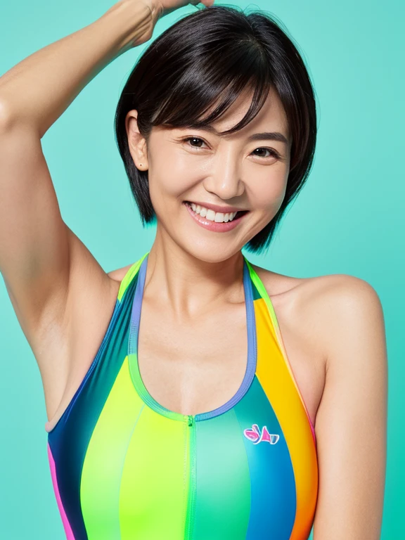 Racing swimsuit with a very thin fit and bright neon colors smile beautiful mature woman show your armpits detailed skin texture very short hair detailed beautiful face obesity one piece swimsuit
