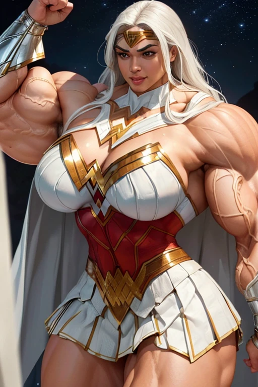 ((((Massive, tall, beautiful, buff, brown skinned muscular woman with white hair, ginormous bulky muscles and wearing a all white Wonder Woman suit with pleated skirt and a cape)))), close view, ((massive muscle)), massive biceps, hyper muscle shoulders, massive muscle arms, vascular shoulders, hyper muscle triceps, (long straight hair), blue eyes, superhero gauntlets, choker, ((in the mount Olympus)), superhero boots, confidant smile, night, hyper vascular arms, hyper muscles arms, hyper muscle legs, (ginormous arms),