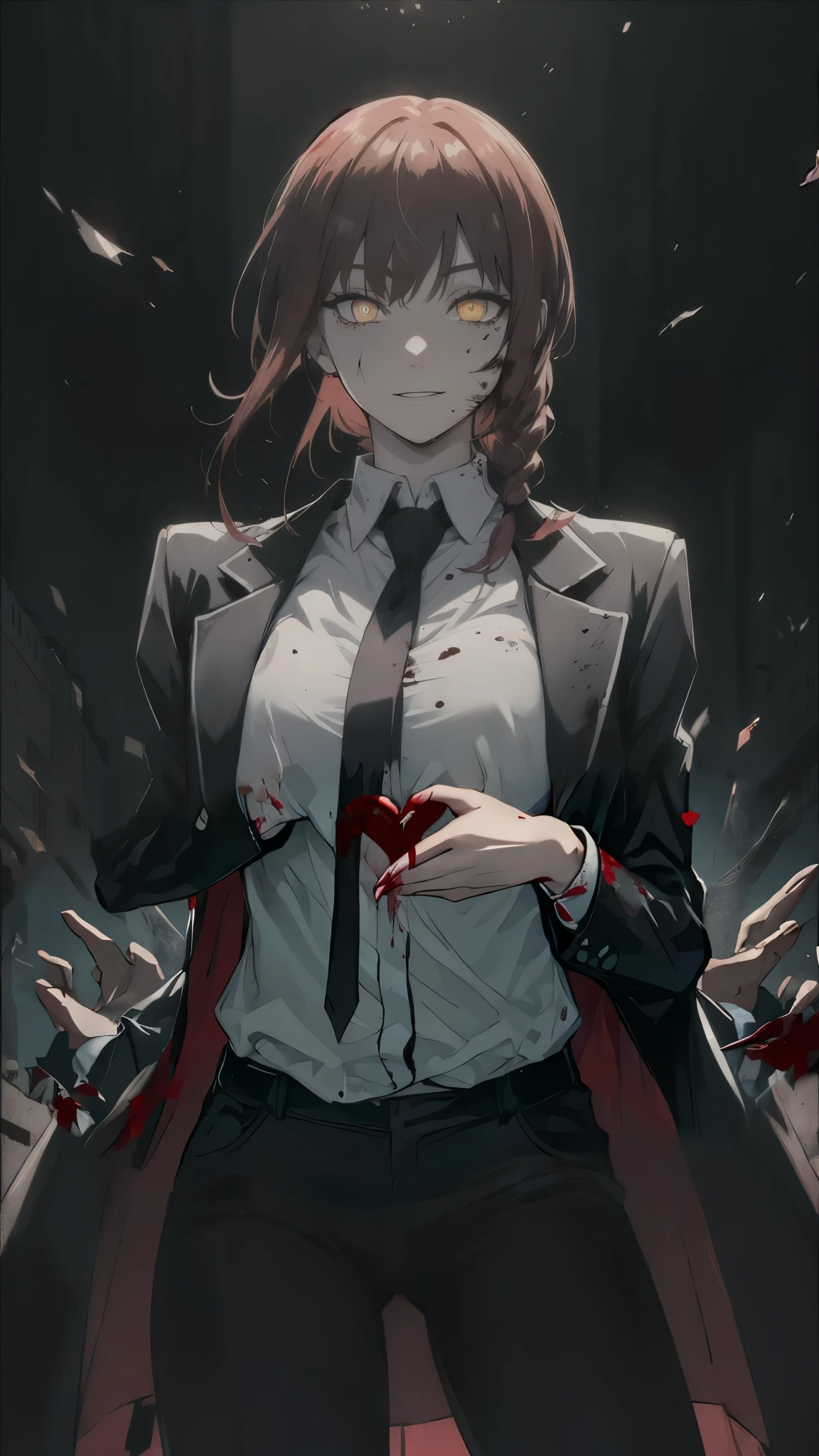 Clench your left fist，Blood-stained hands，Holding a heart in hand
