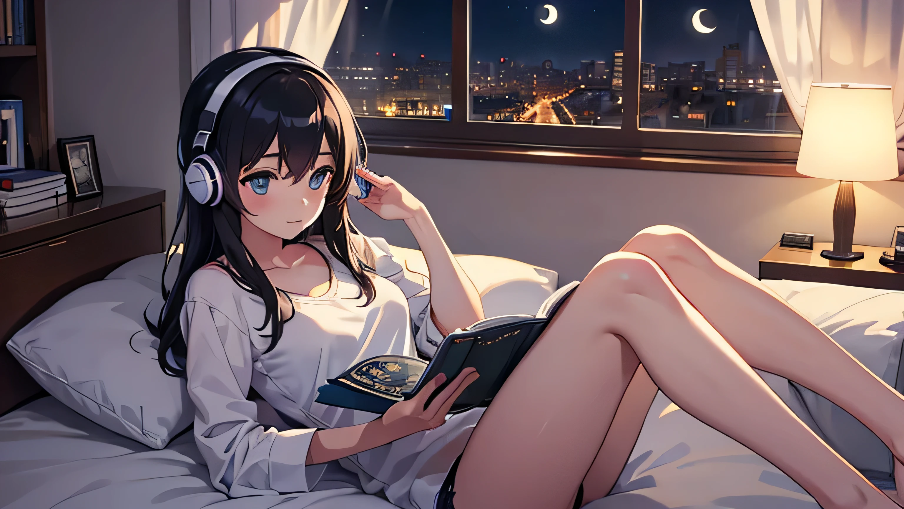 anime-girl-sitting-on-bed-with-headphones-on-reading-a-book-seaart-ai