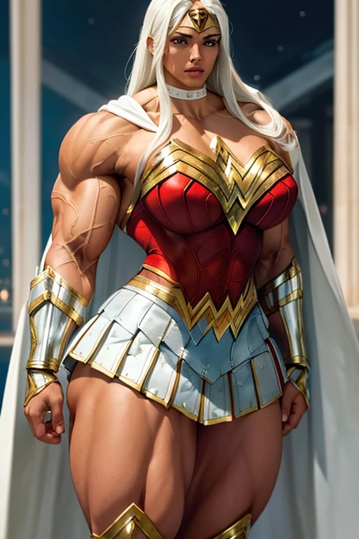 ((((Massive, tall, beautiful, buff, brown skinned muscular woman with white hair, ginormous bulky muscles and wearing a all white Wonder Woman suit with pleated skirt and a cape)))), close view, ((massive muscle)), massive biceps, hyper muscle shoulders, massive muscle arms, vascular shoulders, hyper muscle triceps, (long straight hair), blue eyes, superhero gauntlets, choker, ((in the mount Olympus)), superhero boots, confidant smile, night, hyper vascular arms, hyper muscles arms, hyper muscle legs, (ginormous arms), 