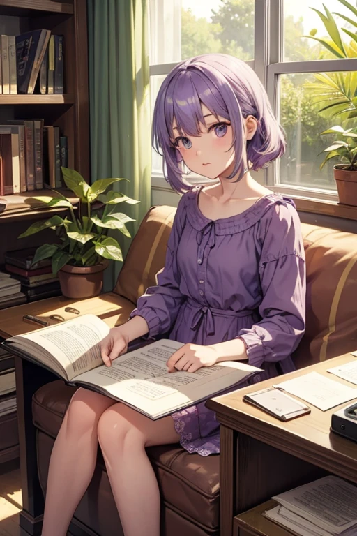 Living room, bench, window, curtain, dappled sunshine, potted plant, table, cabinet,bookshelf, Paper, desk lamp, typewriter, Girl with light purple hair and eyes sitting on the sofa