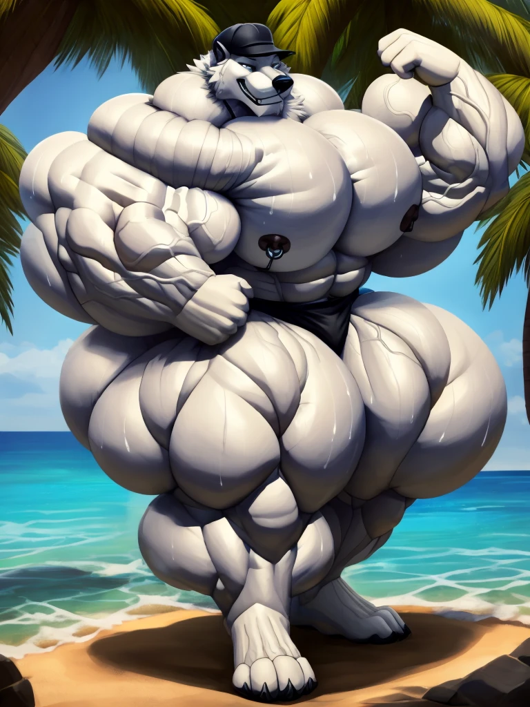 4k, high resolution, best quality, perfect lightning, perfect, solo, anthro, young, boy,white wolf:2.0, furry body, (fluffy mane:1.2), fluffy tail, male, adult, (bulky2:0, thick muscles2:0, huge muscles:2.0, hyper muscles:2.0), (thick biceps, veiny biceps, big broad veiny pecs:2.0, broad shoulders:2.0), (thick legs, thick calves:1.1), (digitigrade legs, 4 toes:1.2), perfect colors, (photorealistic fur, detailed fur, epic, masterpiece), (suggestive posing:1.2), ( smile,  grin 1.3), detailed beach,detailed wolf eyes:2.0, by k0suna, by darkgem， ring，big pecs:2.0，hyper arms:2.0，veins,white body,white fur,hyper butt:2.0,hyper paws:2.0，standing，thick legs，thick butts:2.0,sweat body:2.0,massive butt:2.0,black hat,hyper ass:2.0,huge ass:2.0,presenting butt:1.2,long legs