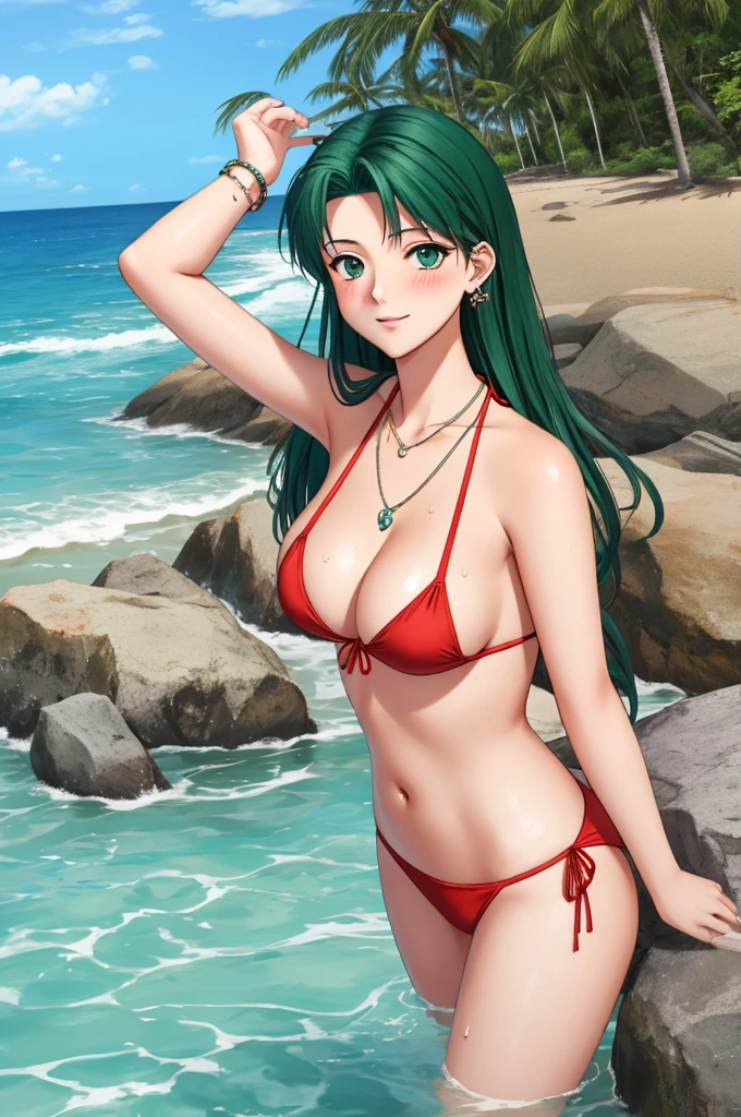 yamashina mizuho / Mizuho Yamashina, masterpiece, best quality, an attractive sexy mature woman in red and blue spangle bikini standing next to a rock on the beach, 1girl, breasts, cleavage, navel piercing, sexy swimsuit, solo, micro bikini, sunglasses, jewelry, under , piercing, necklace, ring, multiple tied, wet hair, sweat, beach, smile, long hair, asymmetrical bangs, green hair, medium breast, nice ass, green eyes, slender face, beautiful tits, beautiful ass,