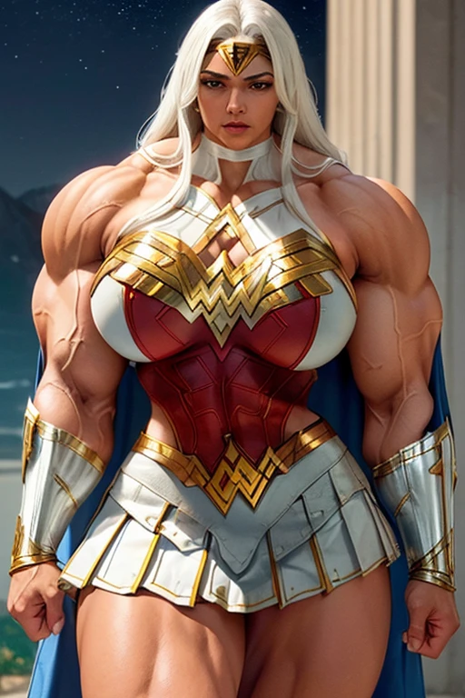 ((((Massive, tall, beautiful, buff, brown skinned muscular woman with white hair, ginormous bulky muscles and wearing a all white Wonder Woman suit with pleated skirt and a cape)))), close view, ((massive muscle)), massive biceps, hyper muscle shoulders, massive muscle arms, vascular shoulders, hyper muscle triceps, (long straight hair), blue eyes, superhero gauntlets, choker, ((in the mount Olympus)), superhero boots, confidant smile, night, hyper vascular arms, hyper muscles arms, hyper muscle legs, (ginormous arms), 