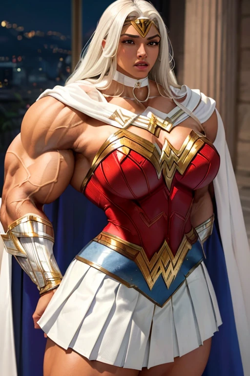 ((((Massive, tall, beautiful, buff, brown skinned muscular woman with white hair, ginormous bulky muscles and wearing a all white Wonder Woman suit with pleated skirt and a cape)))), close view, ((massive muscle)), massive biceps, hyper muscle shoulders, massive muscle arms, vascular shoulders, hyper muscle triceps, (long straight hair), blue eyes, superhero gauntlets, choker, ((in the mount Olympus)), superhero boots, confidant smile, night, hyper vascular arms, hyper muscles arms, hyper muscle legs, (ginormous arms),