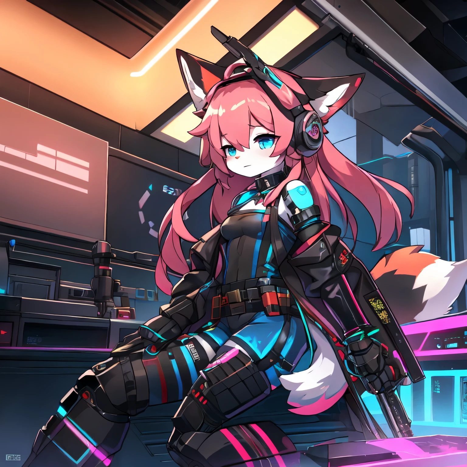 Kawaii, Pink striped Fluffy Fox, , emaciated, Pink long hair, left eye is red, right eye is blue, heterochromia, NSFW, Solo, where water meets sky, synthetic tissue skin, cybernetic prosthetics, Mechanical pneumatic prosthetic legs, digital headphones with orange glowing neon, cybernetical prosthetic arms, red slik collared bow tie, black latex tight leotard, thigh-high-socks, shorts, Grey long-Sleeve loose off-the-shoulder digital display Military hood jacket, tactical gun holsters in thigh, Mechanical boots, metallic knee pads, tactical belted loose Arm Sleeves, watch, cybernetic Display gloves, chest rigs, tactical belts, blue-archive halo, Submachine Gun with slings holded on left hand, bulletproof goggles, Arknights,