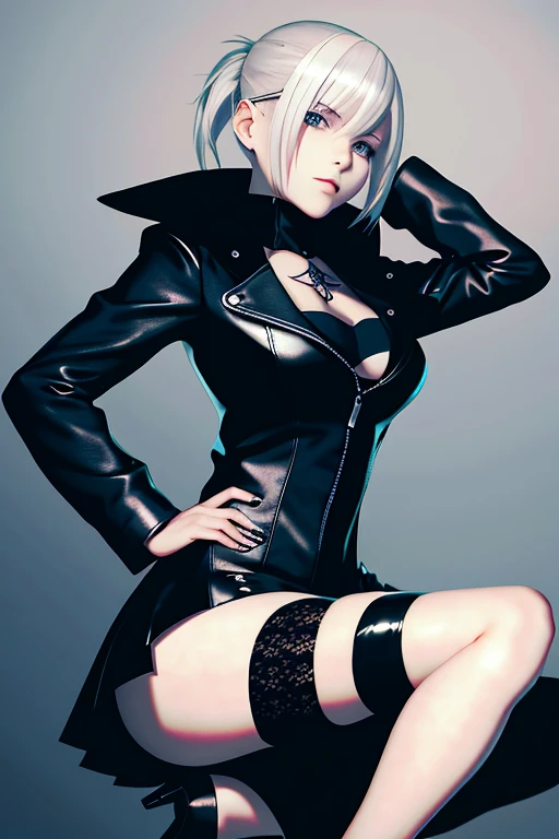 Anime - style image of a woman in a short skirt and a leather jacket, perfect white-haired girl, 2 b, 2b, realistic anime girl rendering, badass anime 8 K, Tifa Lockhart with white hair, 2b nier automata, nier 2 b, Guvez on art station Pixiv, white-haired girl, seductive anime girl with bare and bare legs