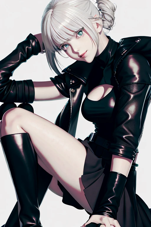 Anime - style image of a woman in a short skirt and a leather jacket, perfect white-haired girl, 2 b, 2b, realistic anime girl rendering, badass anime 8 K, Tifa Lockhart with white hair, 2b nier automata, nier 2 b, Guvez on art station Pixiv, white-haired girl, seductive anime girl with bare and bare legs