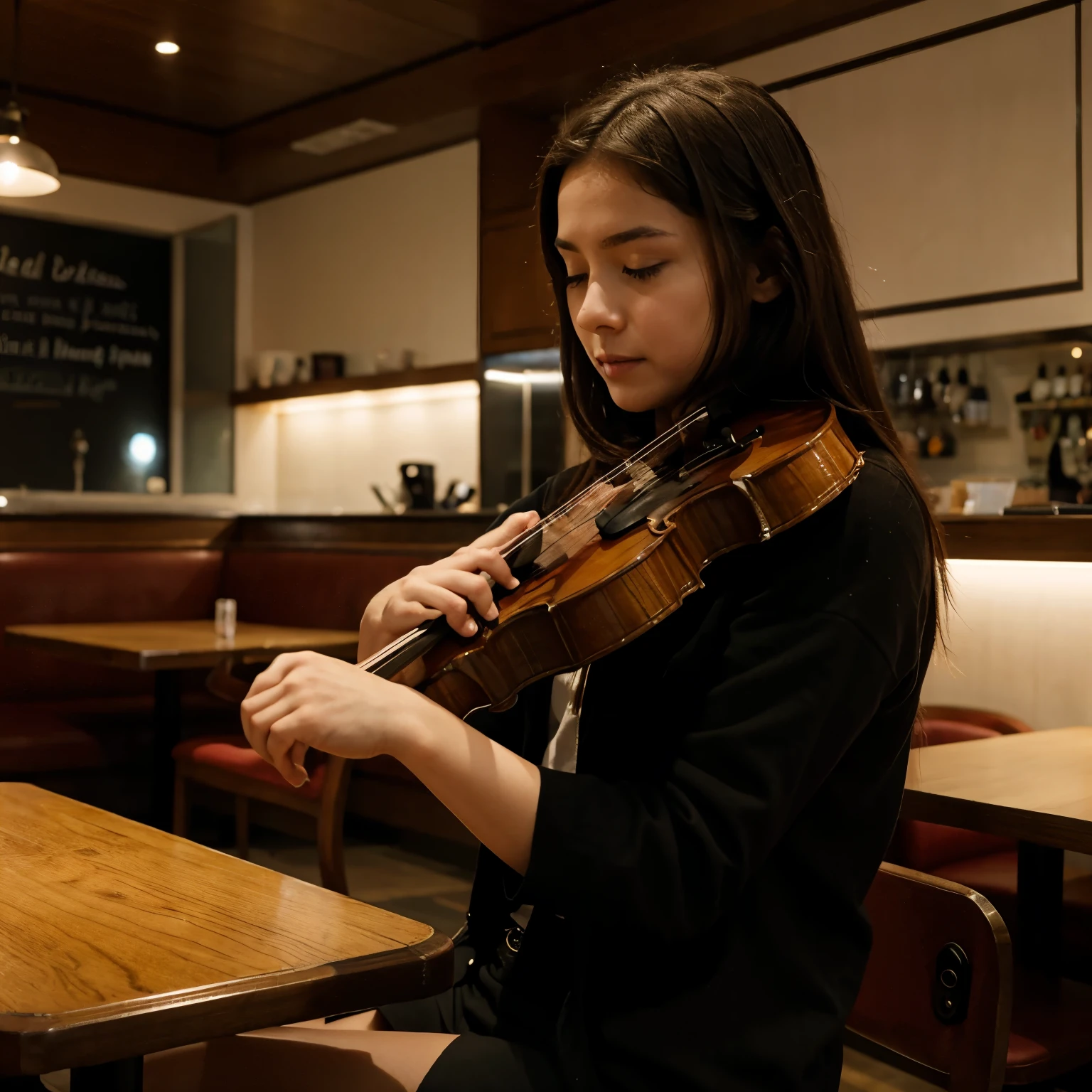 A girl with depression playing the violin in a restaurant to pay for her meal