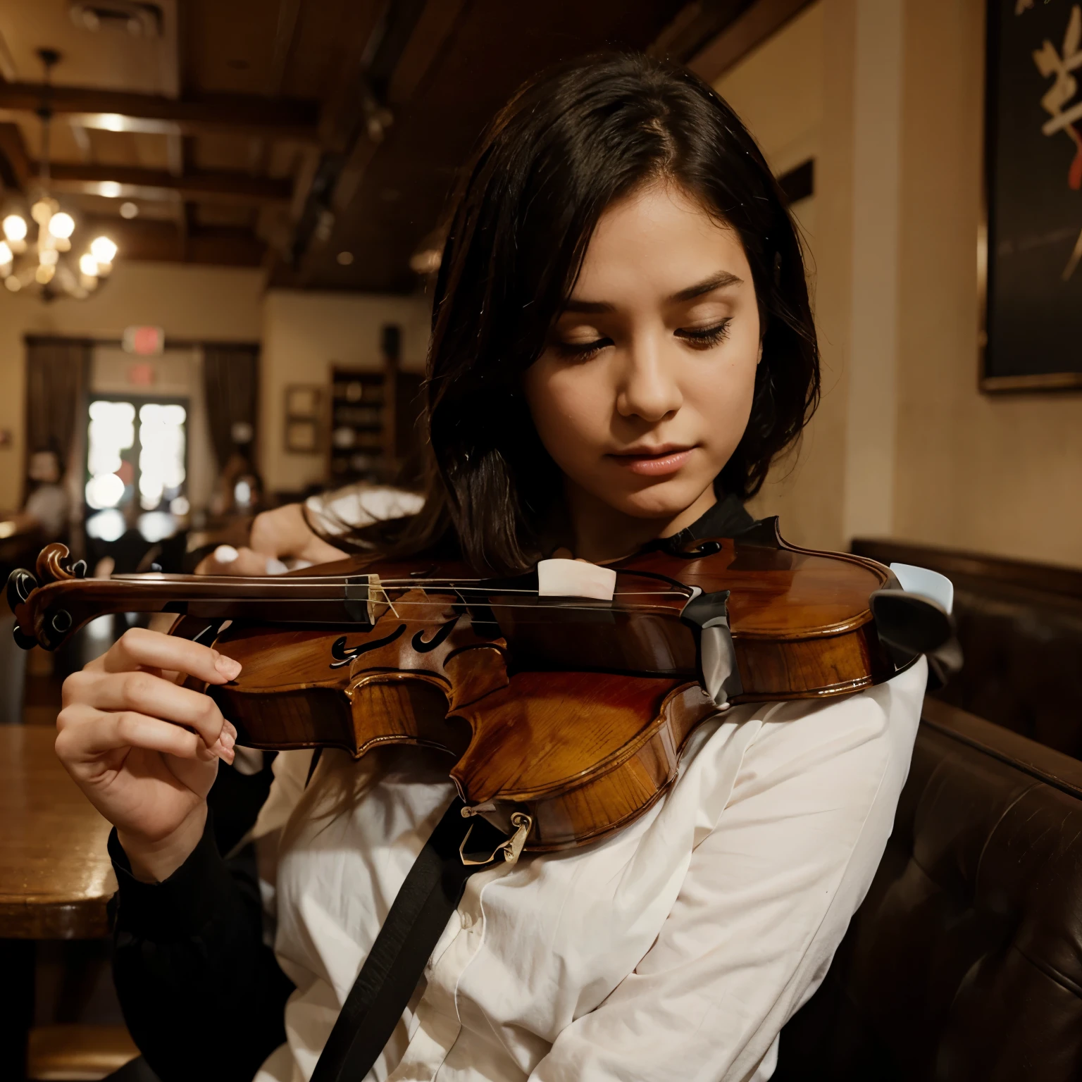 A girl with depression playing the violin in a restaurant to pay for her meal