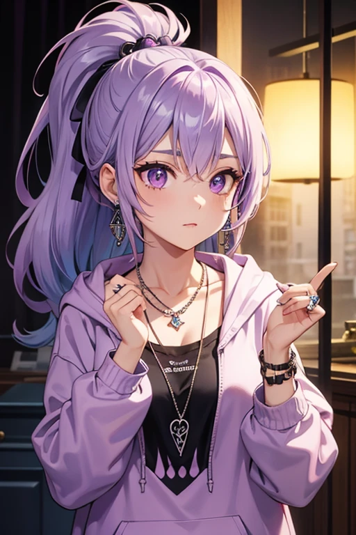 ponytail, light purple hair, hoodie, retro gothic, posture, Lovely, high quality, necklace, ring, bracelet, earrings